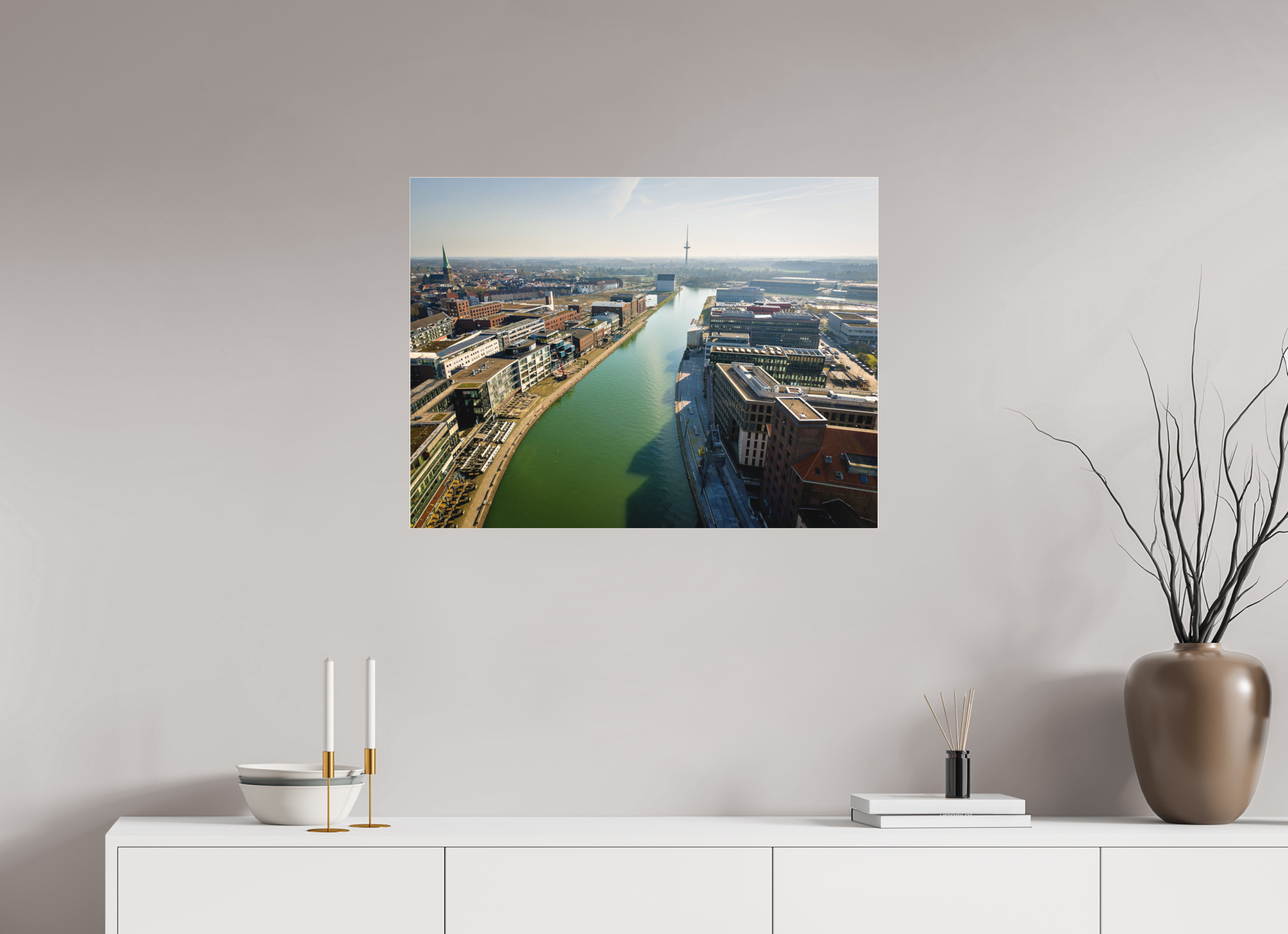 80 x 60 cm, Acrylglas Fine Art Pigmentdruck Münster Hafen – Ruhe zwischen Stahl und Wasser