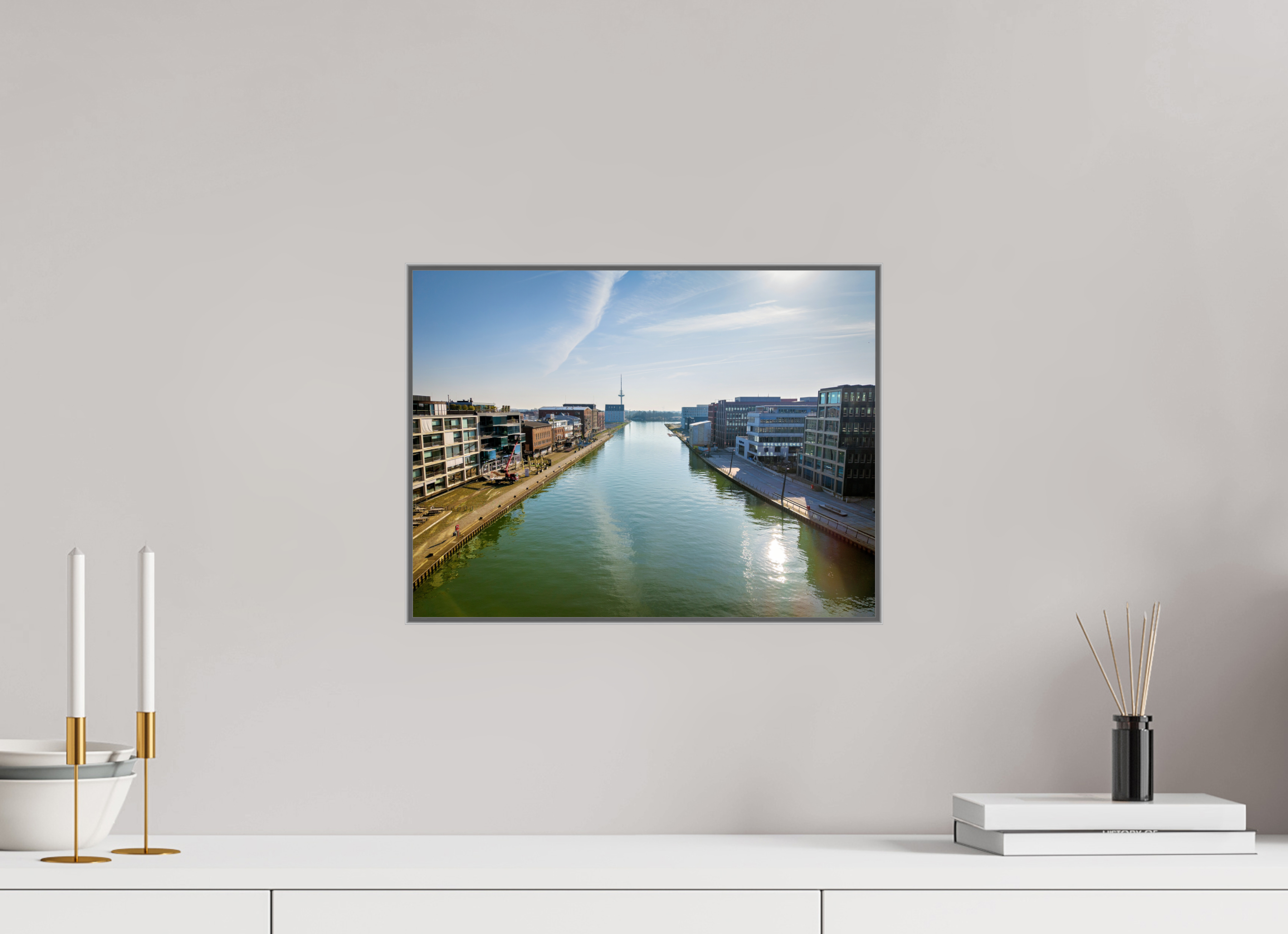 40 x 30 cm, Alurahmen 25mm Münster Hafen – Ruhe zwischen Stahl und Wasser