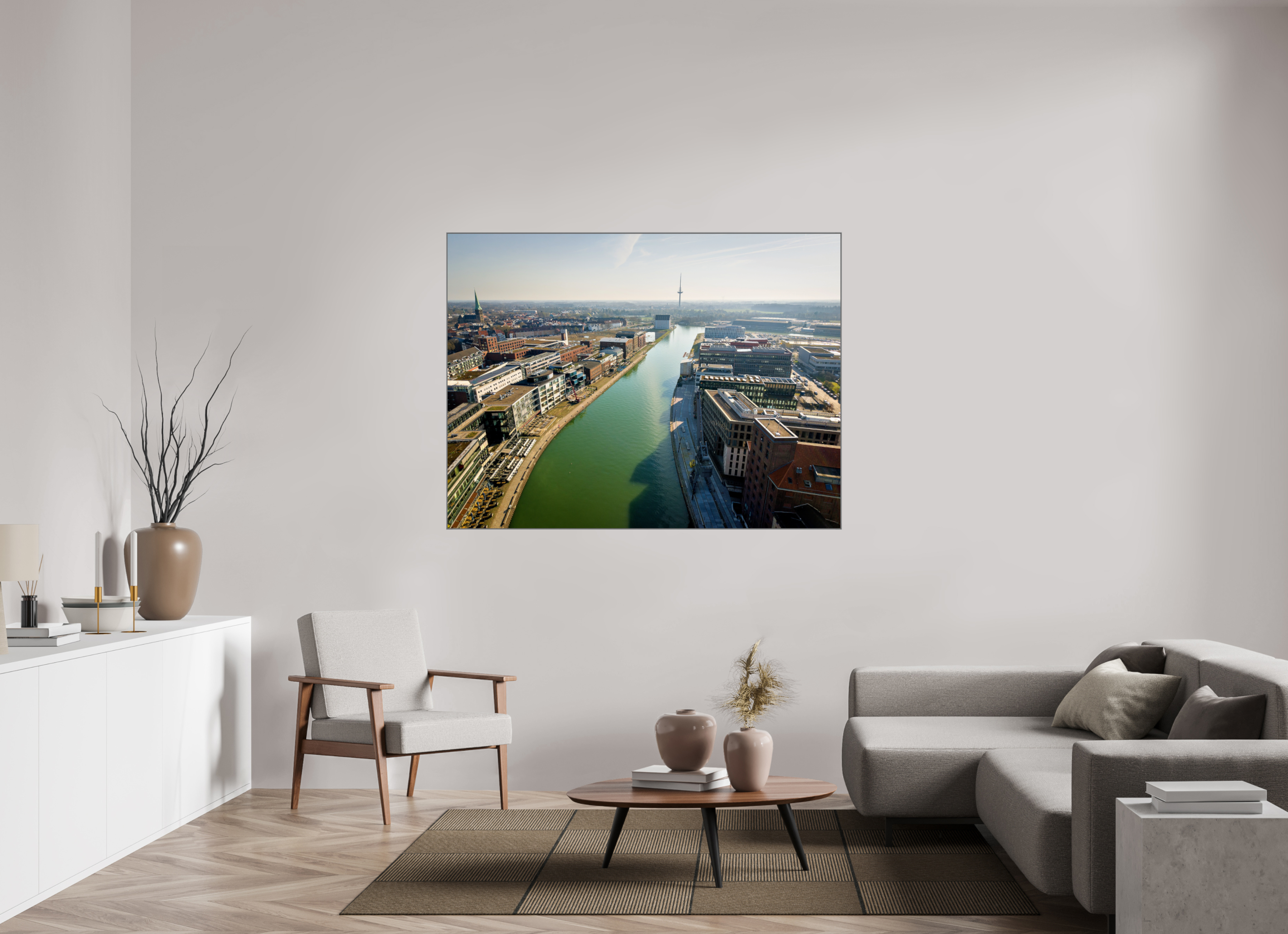 160 x 120 cm, Alurahmen 25mm Münster Hafen – Ruhe zwischen Stahl und Wasser