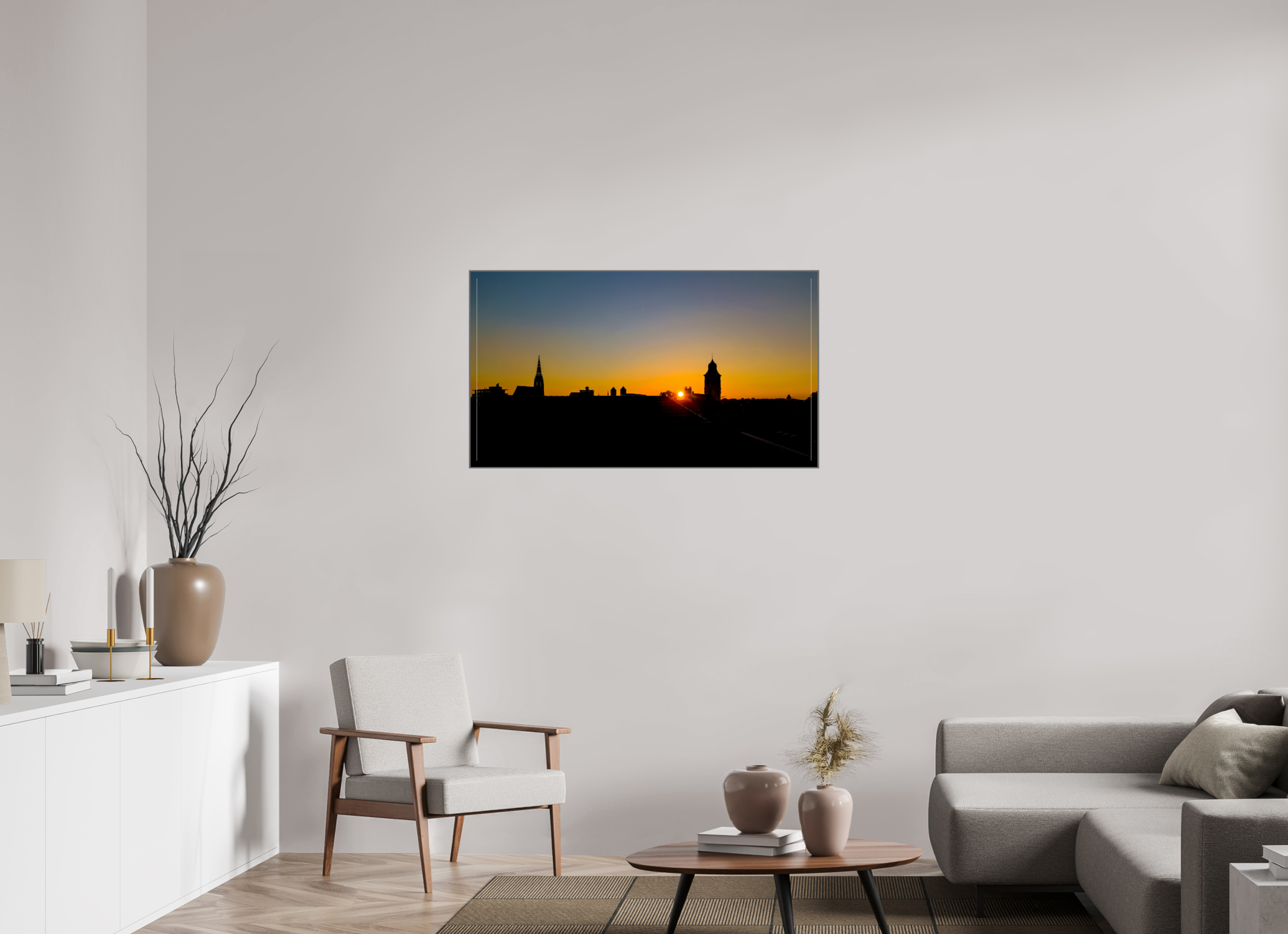112 x 63 cm, Alurahmen 25mm Skyline / Sonnenuntergang