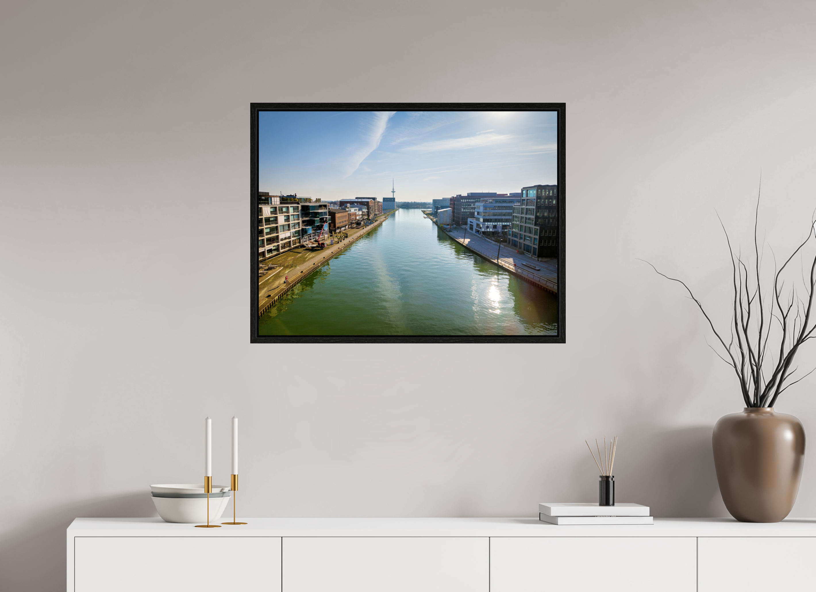 80 x 60 cm, Floater Frame Münster Hafen – Ruhe zwischen Stahl und Wasser