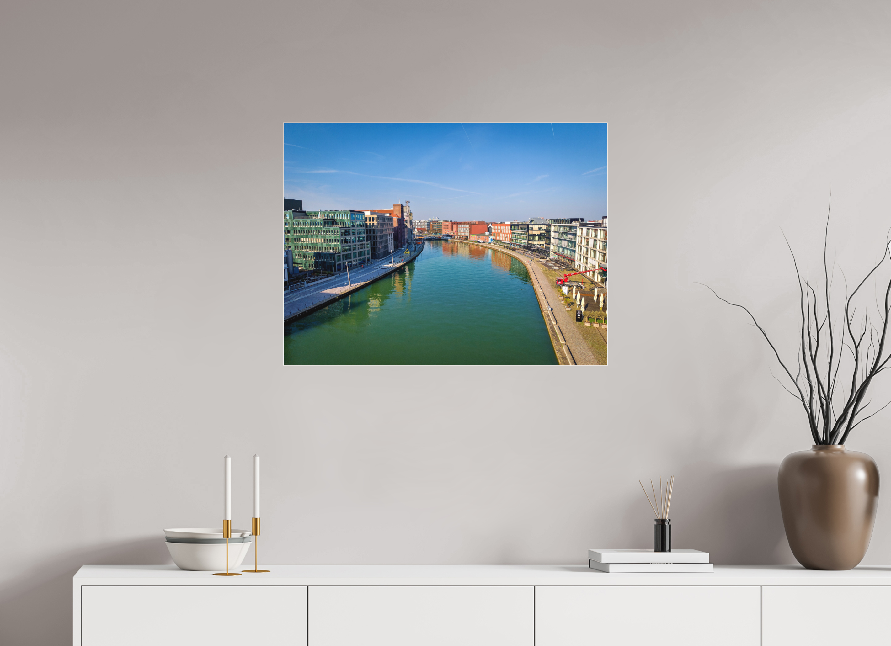 80 x 60 cm, Acrylglas Fine Art Pigmentdruck Münster Hafen – Ruhe zwischen Stahl und Wasser