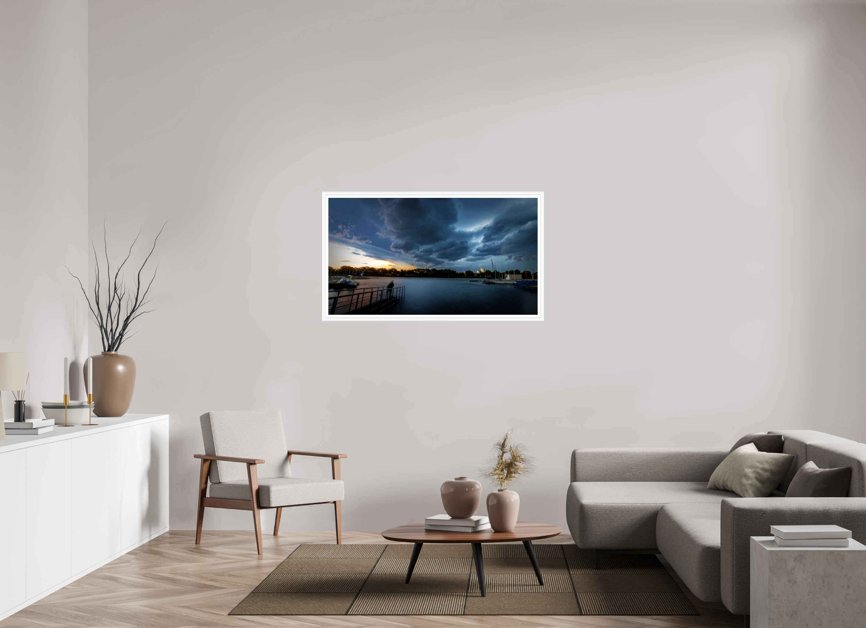 128 x 72 cm, Bern weiß und Rand Der Aasee im Gewitter