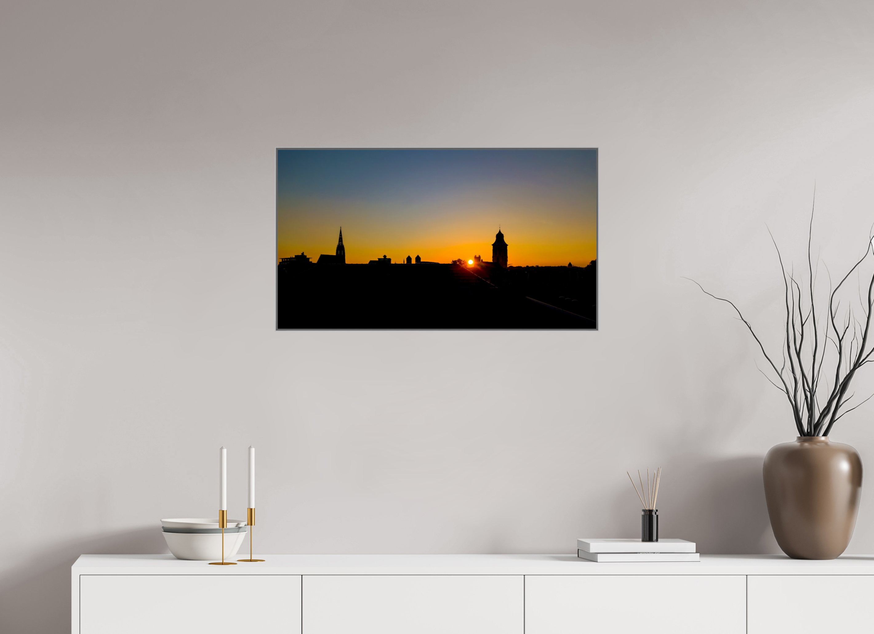 80 x 45 cm, Alurahmen 25mm Skyline / Sonnenuntergang
