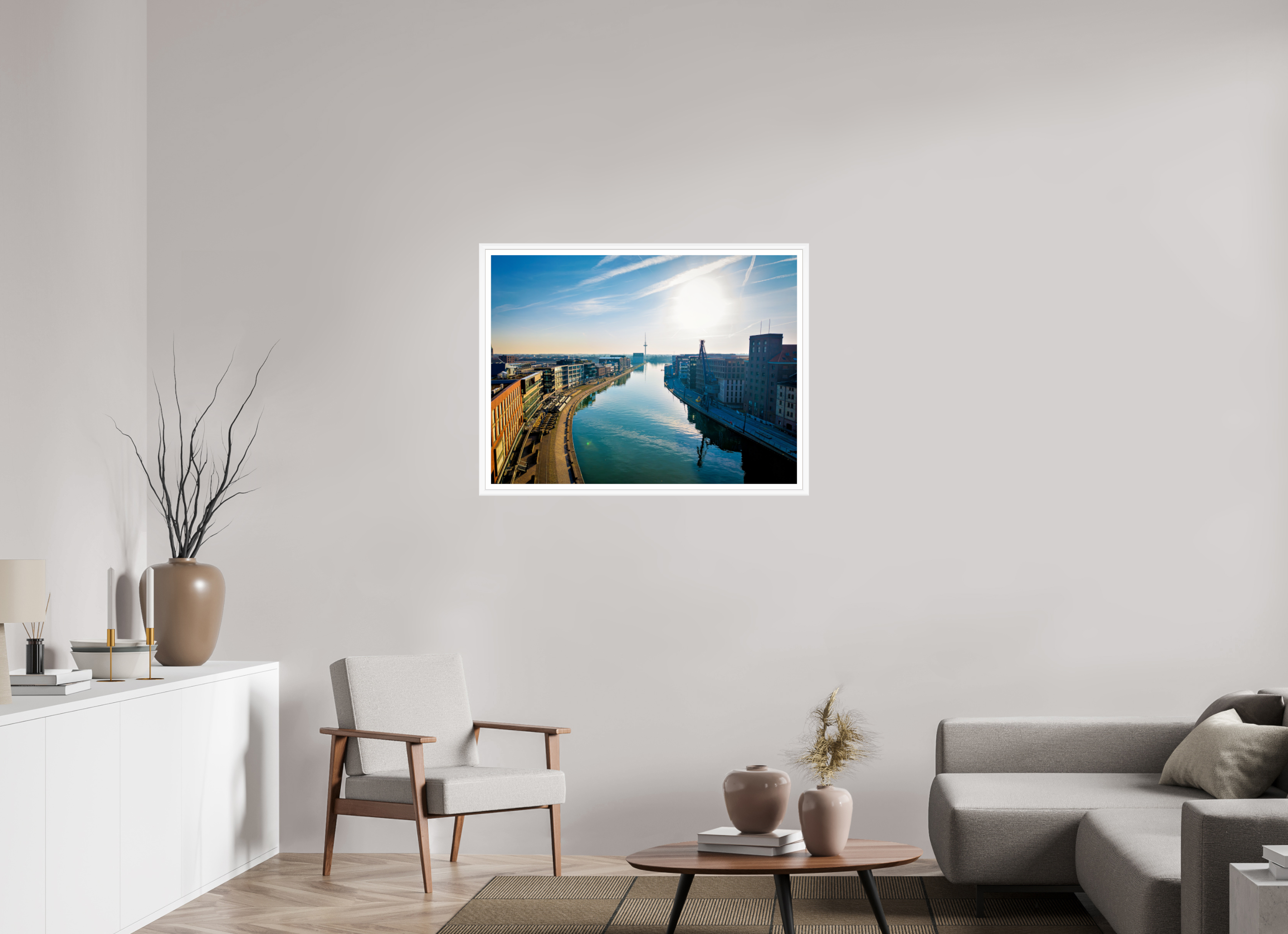 100 x 75 cm, Bern weiß und Rand Münster Hafen – Ruhe zwischen Stahl und Wasser