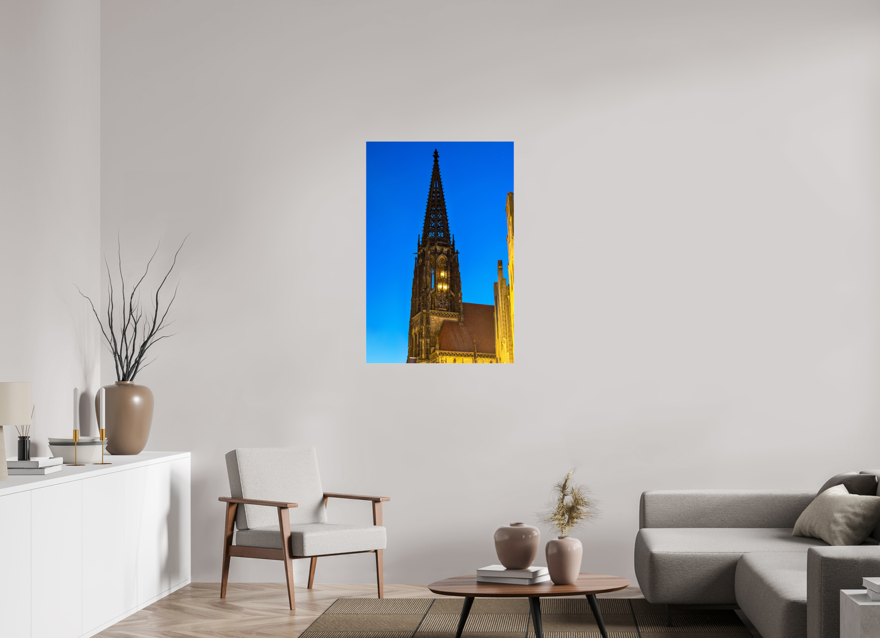 70 x 105 cm, Photo Print Under Acrylic Glass Lambertikirche bei Nacht
