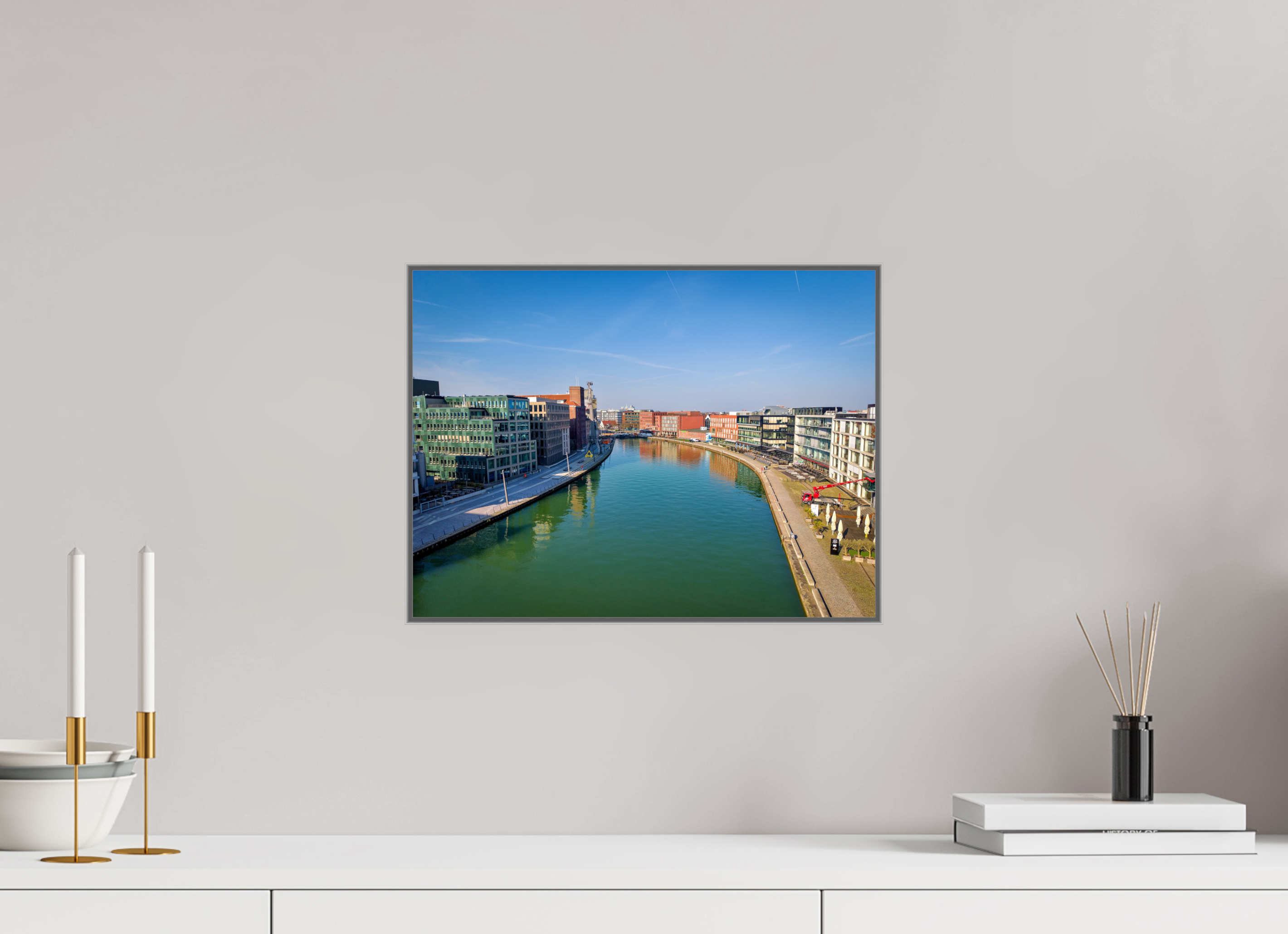 40 x 30 cm, Alurahmen 25mm Münster Hafen – Ruhe zwischen Stahl und Wasser