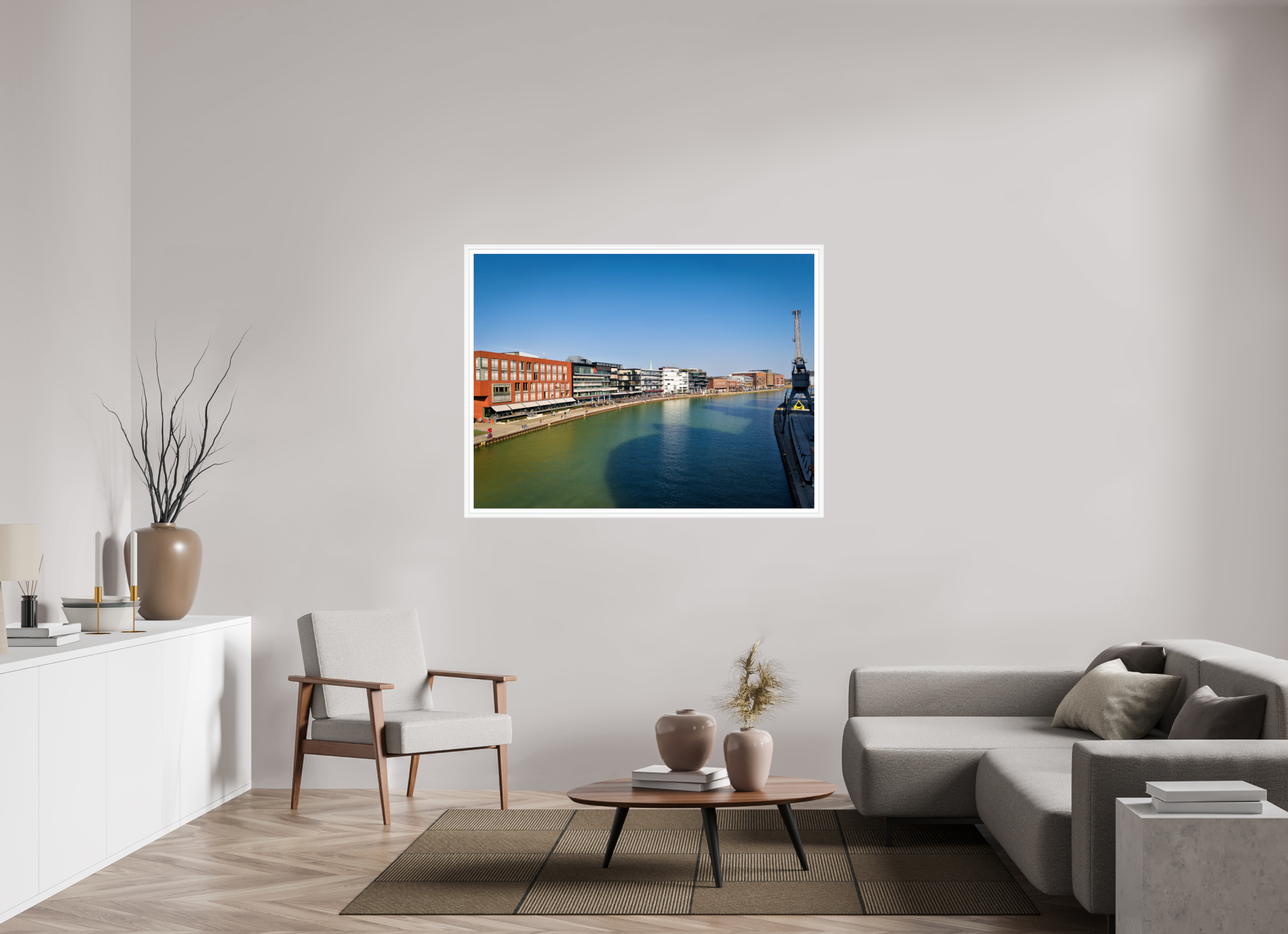 140 x 105 cm, Bern weiß und Rand Münster Hafen – Ruhe zwischen Stahl und Wasser