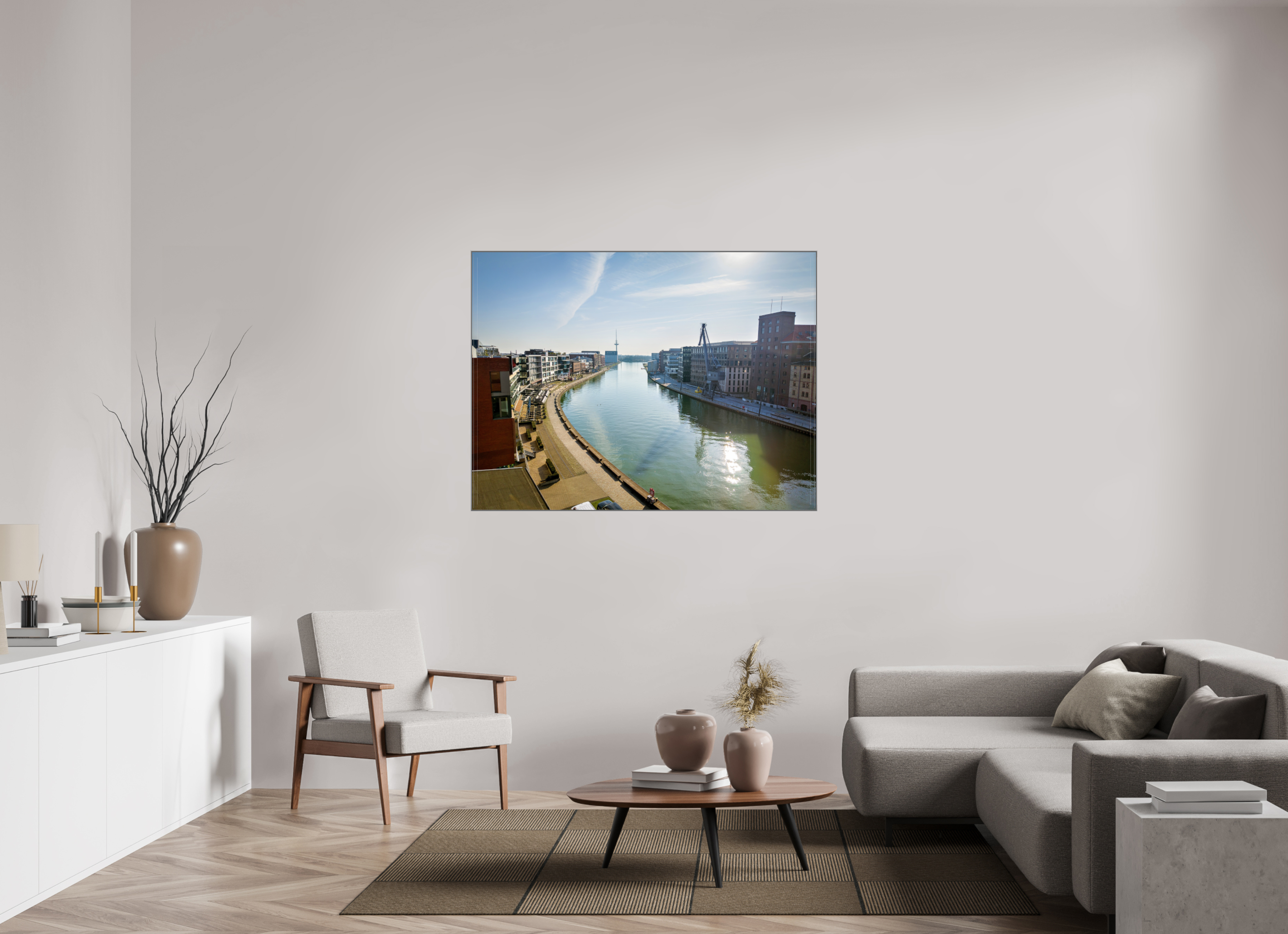 140 x 105 cm, Alurahmen 25mm Münster Hafen – Ruhe zwischen Stahl und Wasser