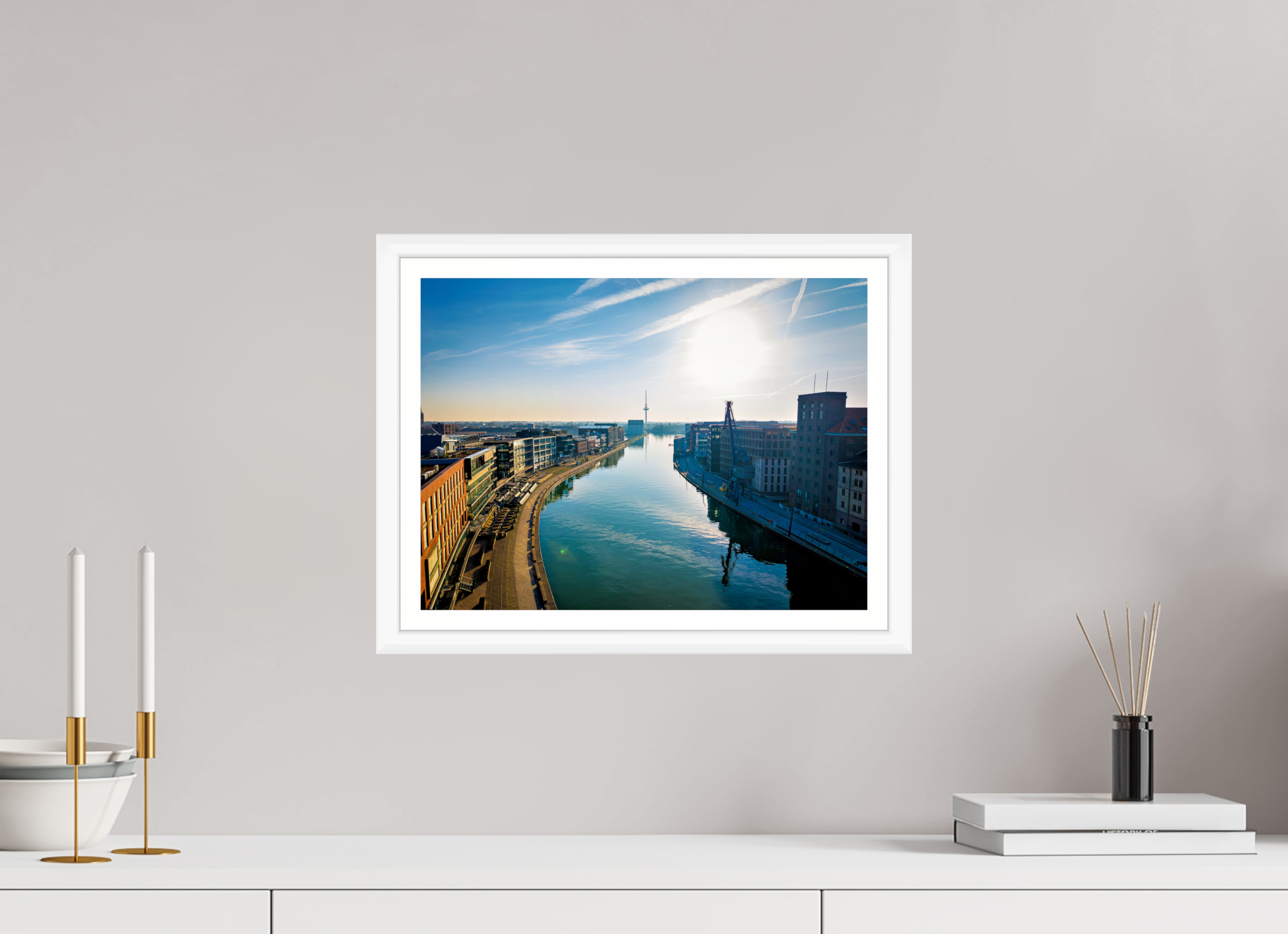 40 x 30 cm, Bern weiß und Rand Münster Hafen – Ruhe zwischen Stahl und Wasser