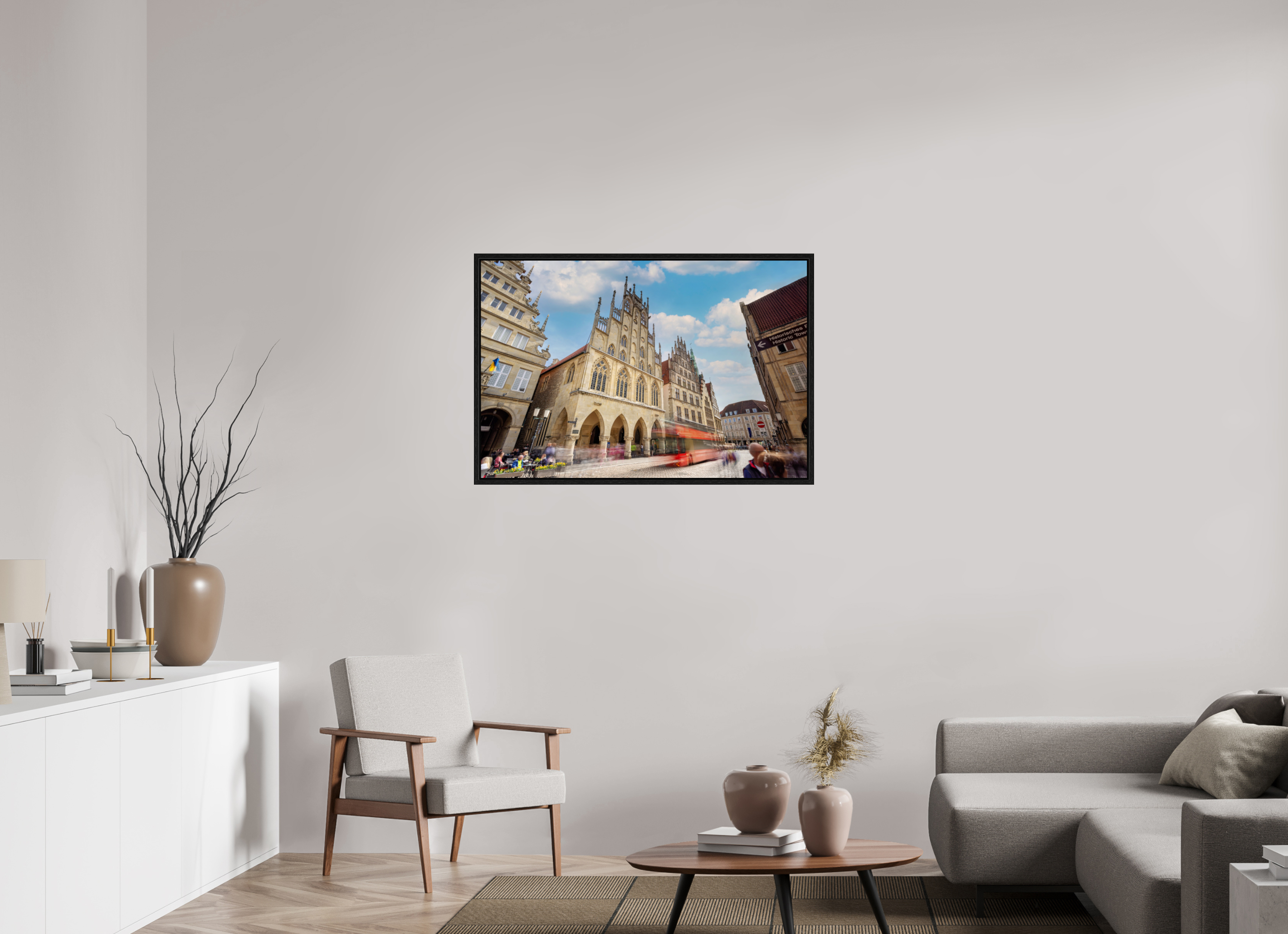 105 x 70 cm, Floater Frame Rathaus und Bus