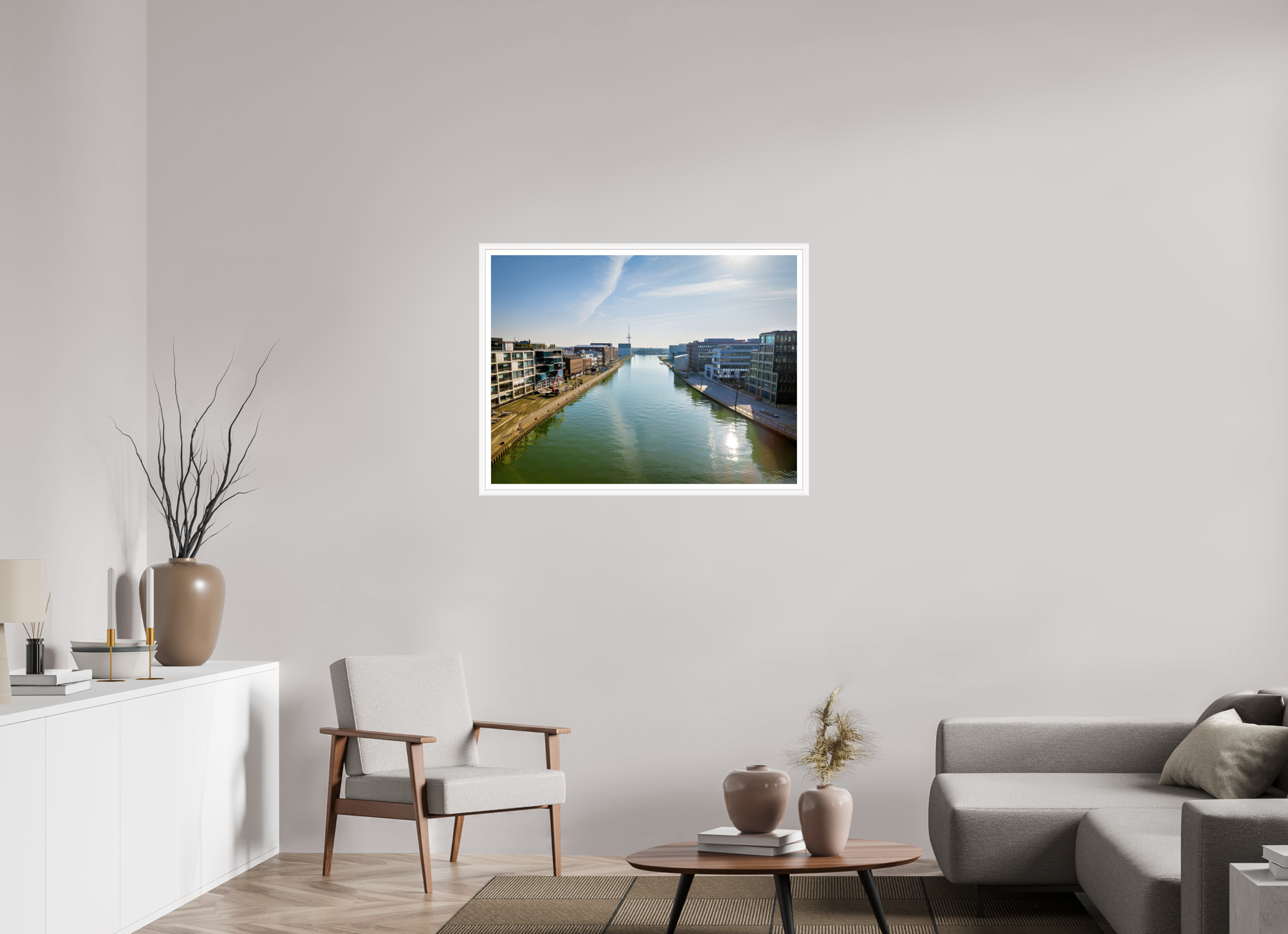 100 x 75 cm, Bern weiß und Rand Münster Hafen – Ruhe zwischen Stahl und Wasser