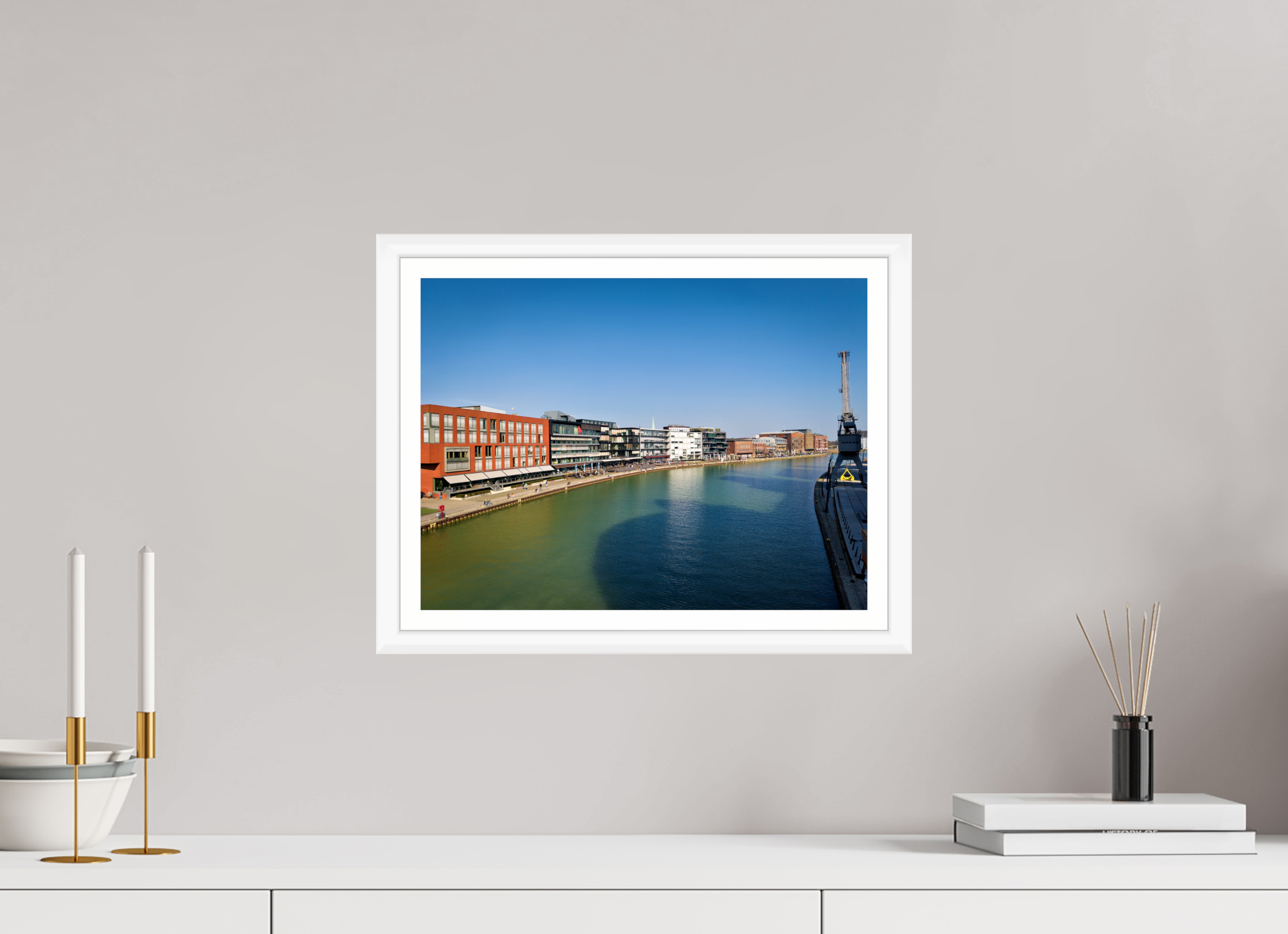 40 x 30 cm, Bern weiß und Rand Münster Hafen – Ruhe zwischen Stahl und Wasser