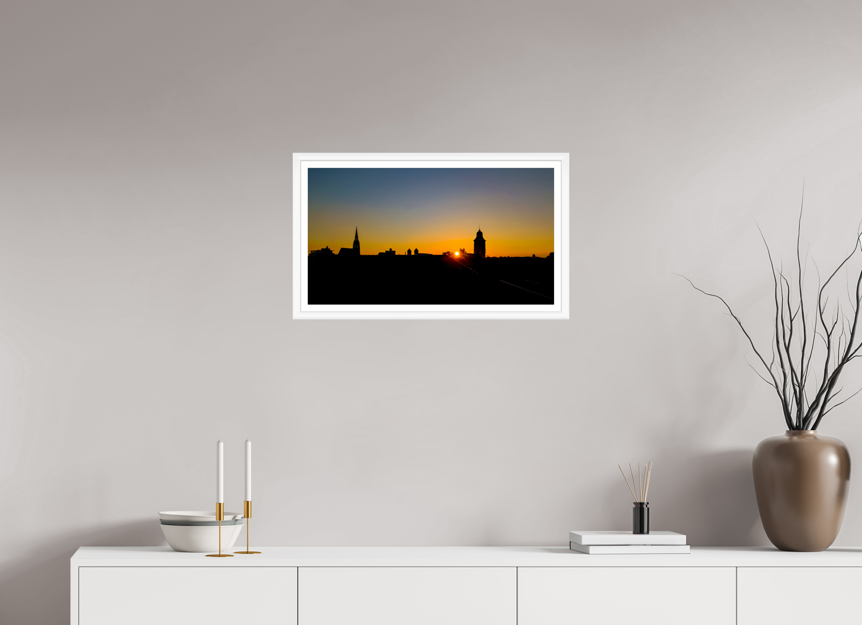 64 x 36 cm, Bern weiß und Rand Skyline / Sonnenuntergang 2