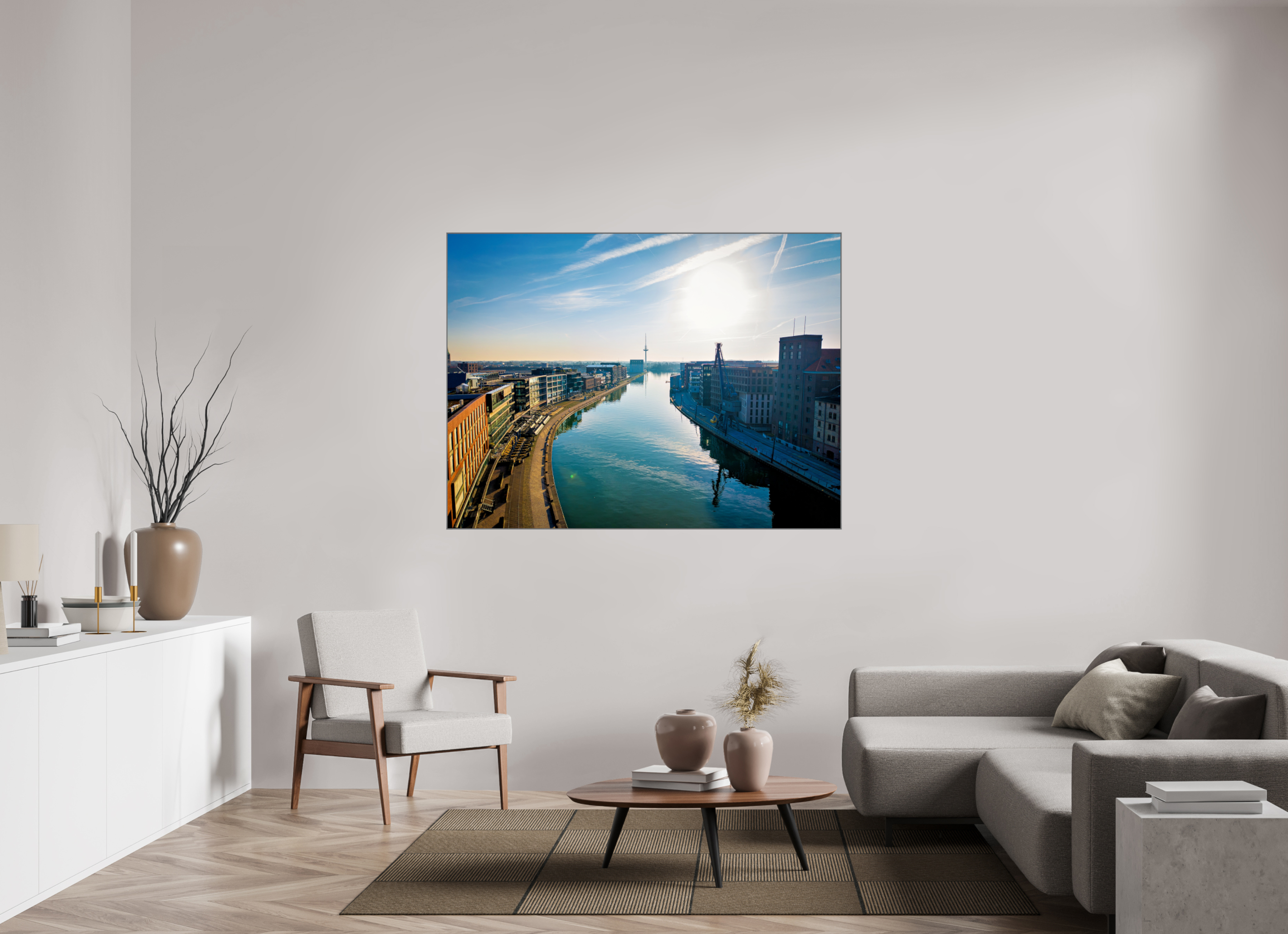 160 x 120 cm, Alurahmen 25mm Münster Hafen – Ruhe zwischen Stahl und Wasser