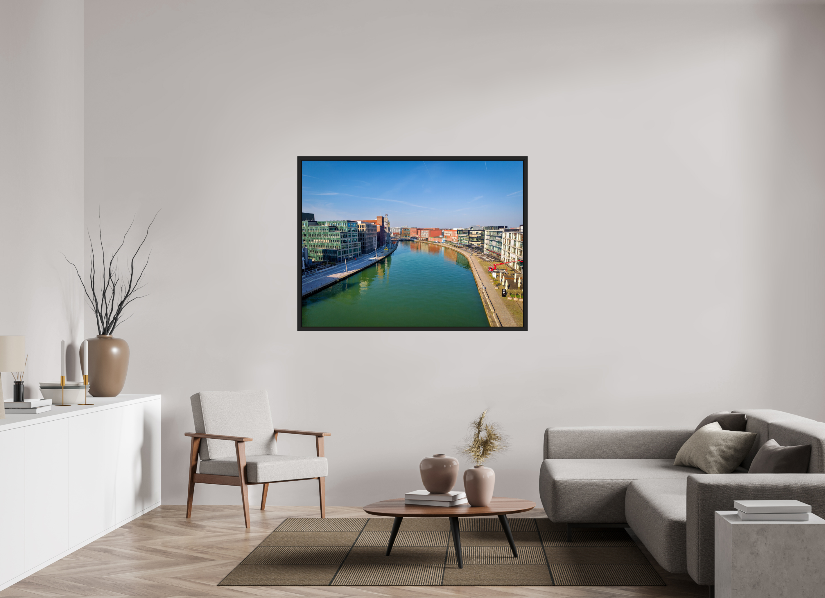 140 x 105 cm, Tokyo 20mm Schattenfuge 4mm Münster Hafen – Ruhe zwischen Stahl und Wasser