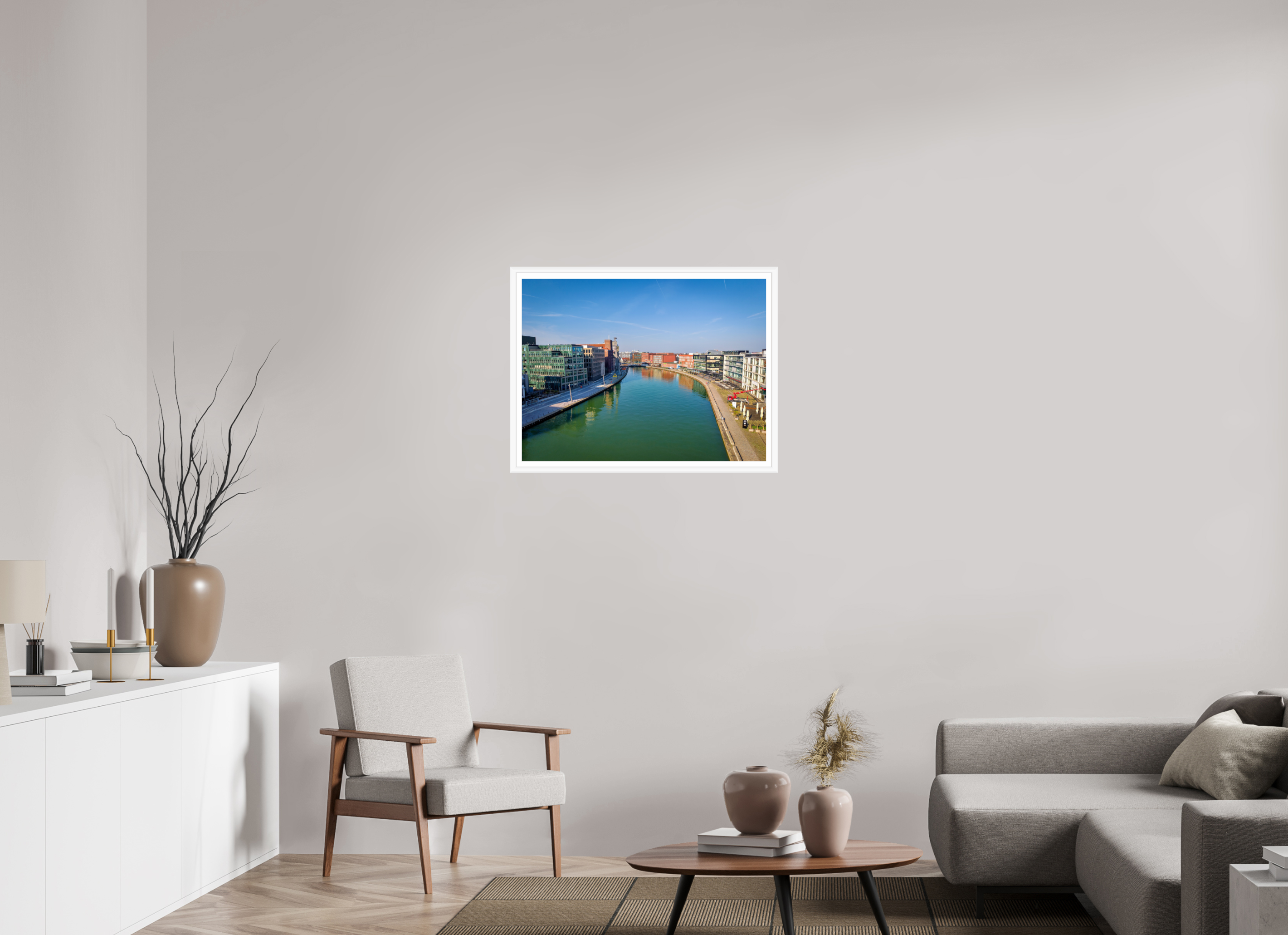 80 x 60 cm, Bern weiß und Rand Münster Hafen – Ruhe zwischen Stahl und Wasser