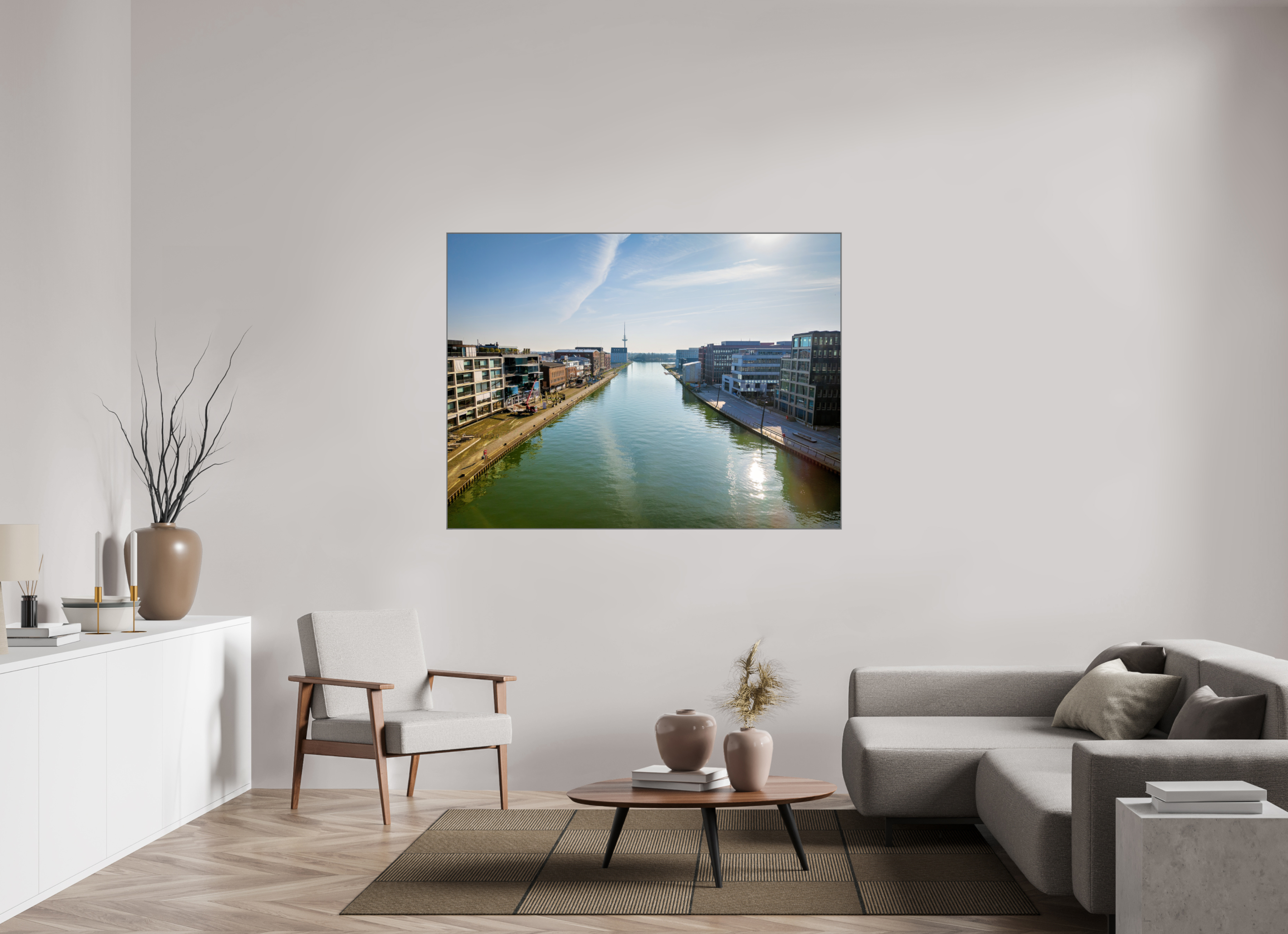 160 x 120 cm, Alurahmen 25mm Münster Hafen – Ruhe zwischen Stahl und Wasser