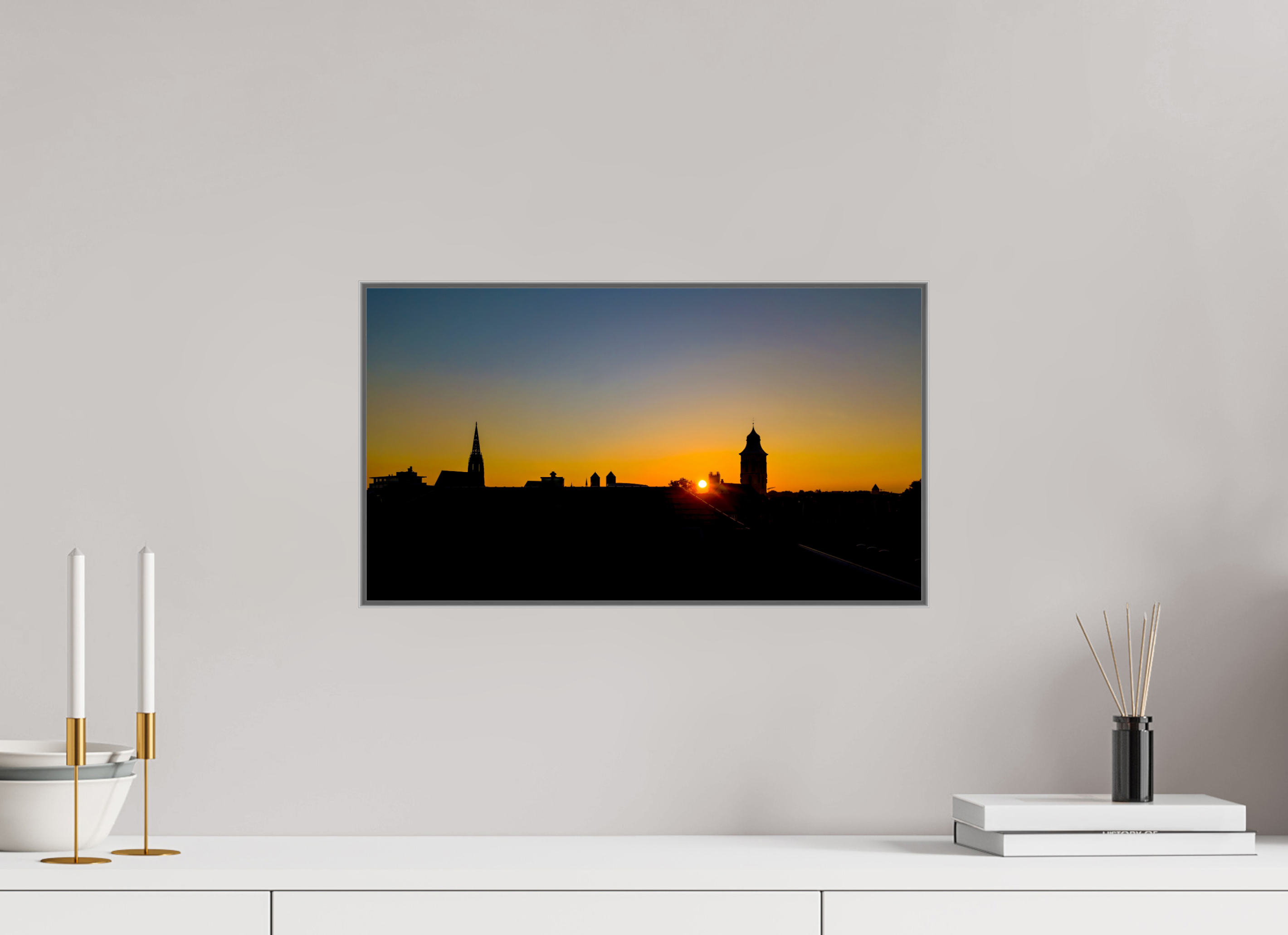 48 x 27 cm, Alurahmen 25mm Skyline / Sonnenuntergang