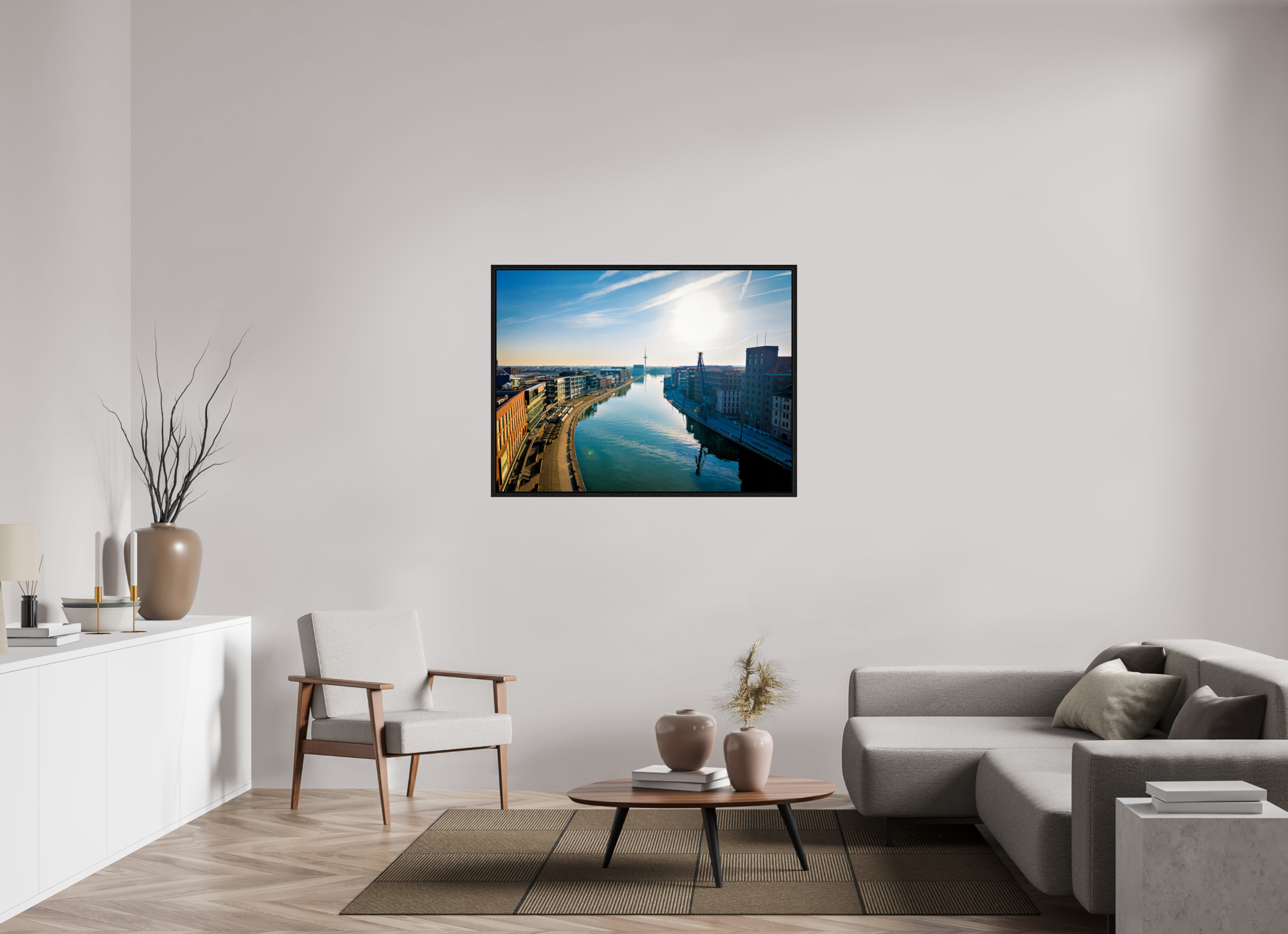 120 x 90 cm, Floater Frame Münster Hafen – Ruhe zwischen Stahl und Wasser