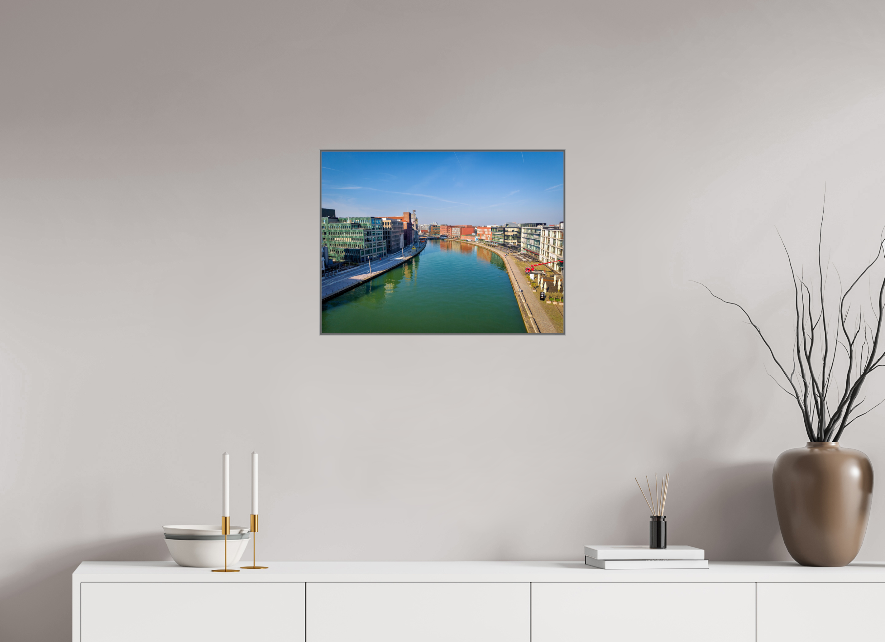60 x 45 cm, Alurahmen 25mm Münster Hafen – Ruhe zwischen Stahl und Wasser