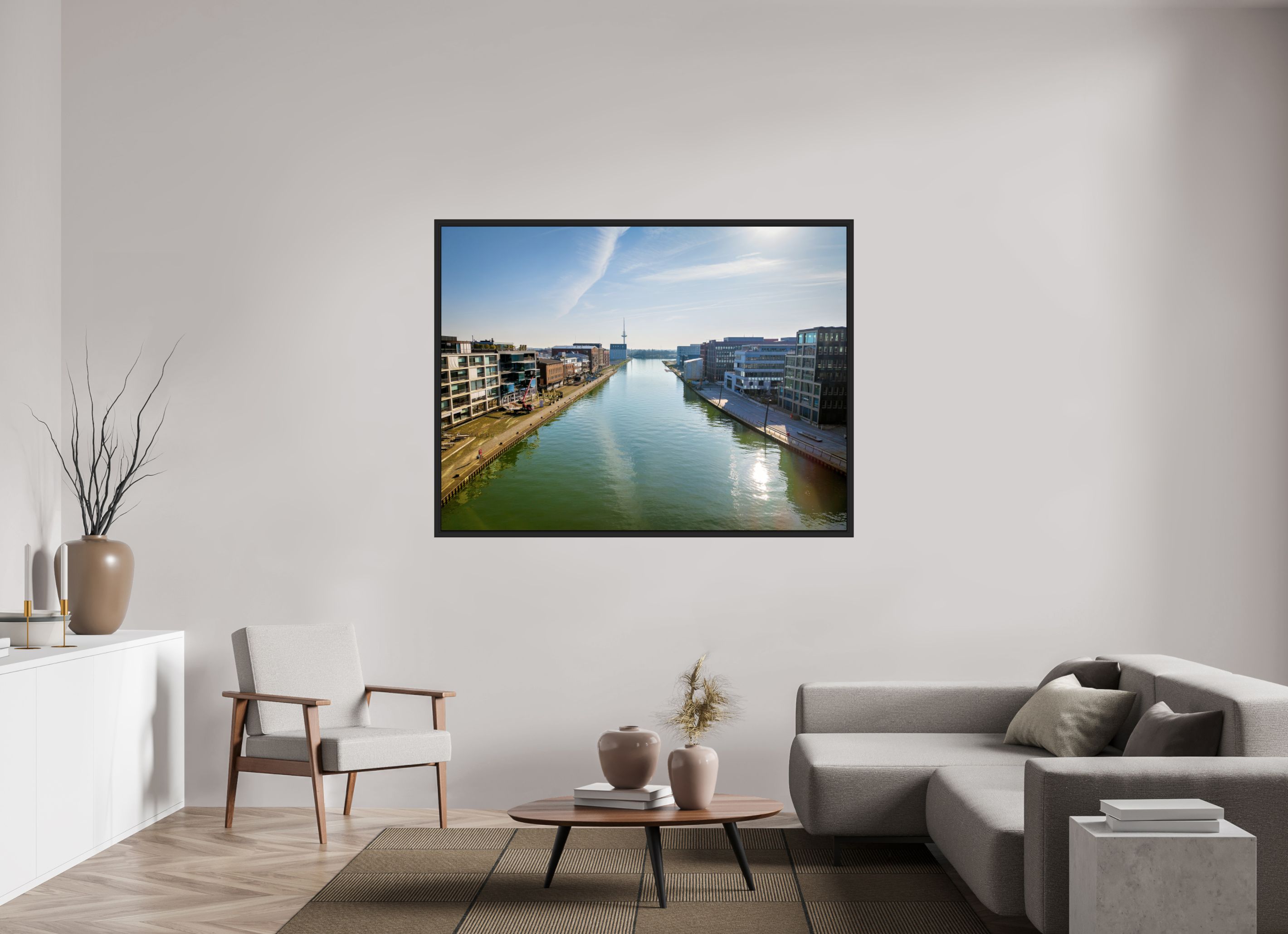 160 x 120 cm, Tokyo 20mm Schattenfuge 4mm Münster Hafen – Ruhe zwischen Stahl und Wasser