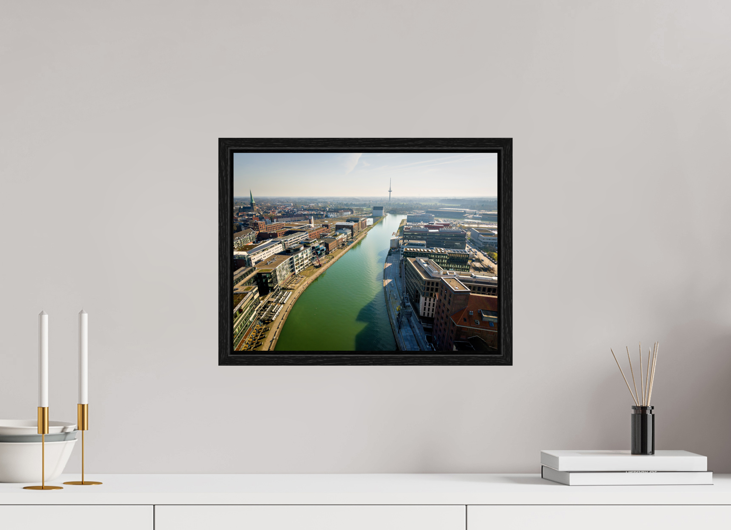 40 x 30 cm, Floater Frame Münster Hafen – Ruhe zwischen Stahl und Wasser