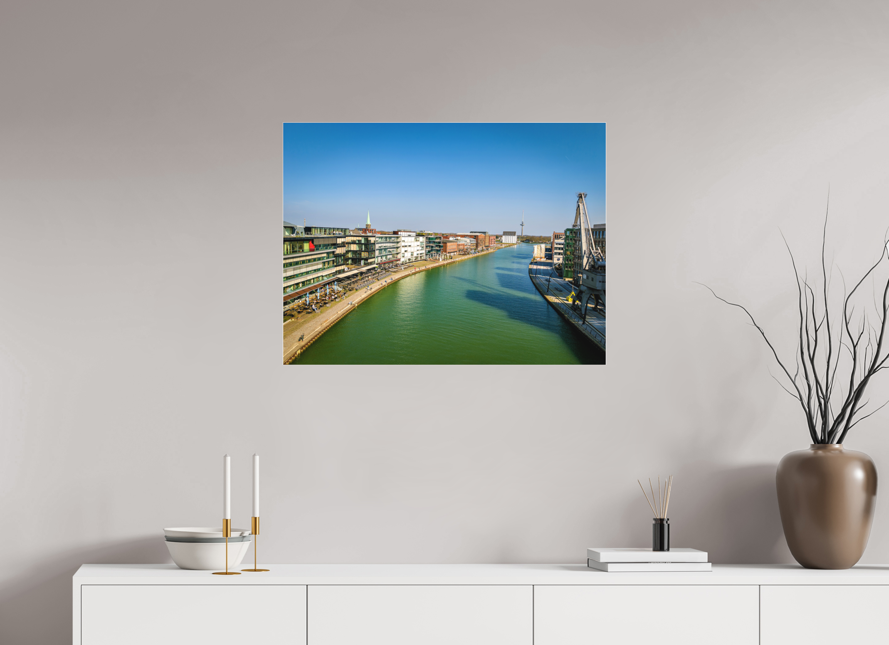 80 x 60 cm, Acrylglas Fine Art Pigmentdruck Münster Hafen – Ruhe zwischen Stahl und Wasser