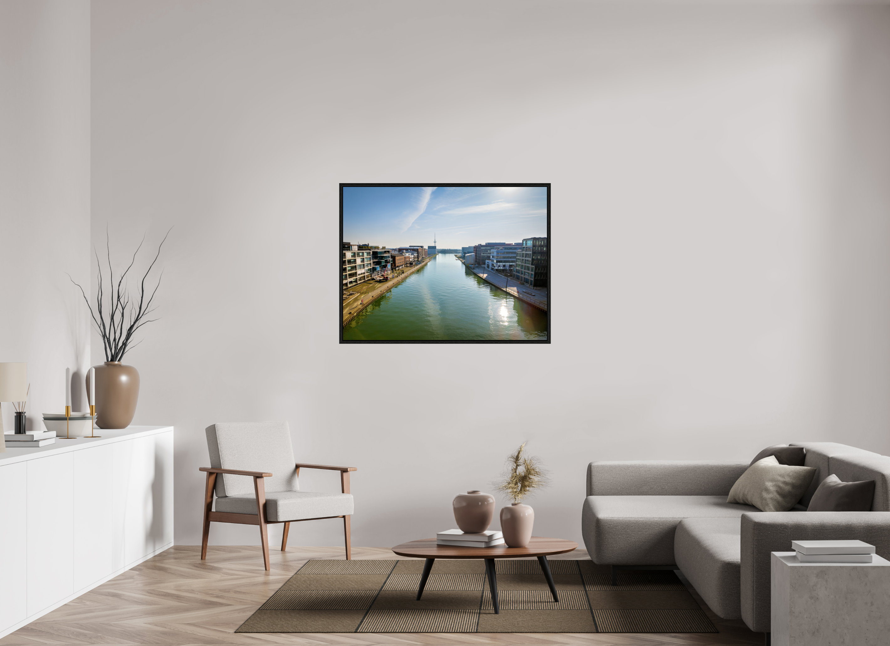 120 x 90 cm, Floater Frame Münster Hafen – Ruhe zwischen Stahl und Wasser
