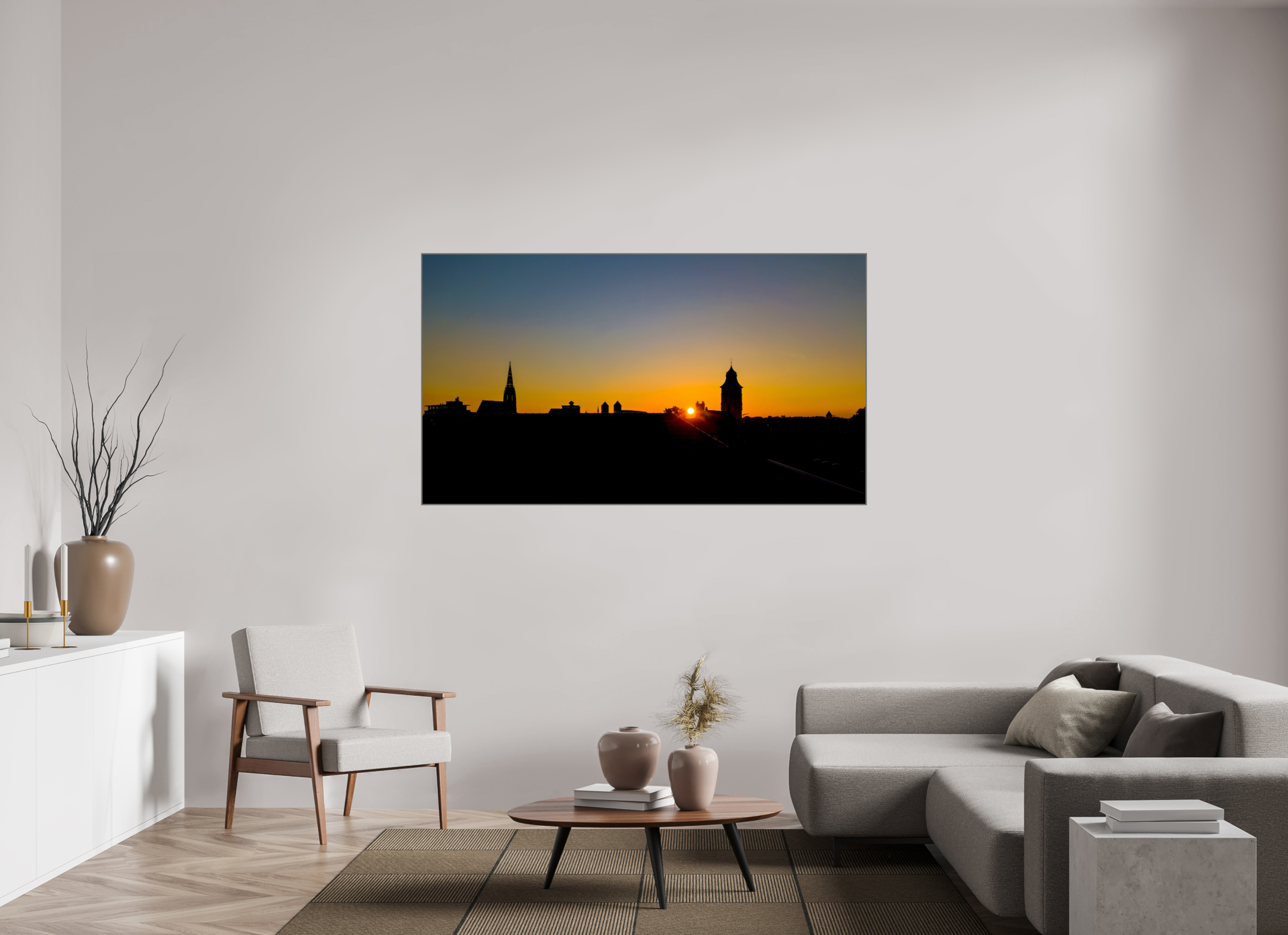 176 x 99 cm, Alurahmen 25mm Skyline / Sonnenuntergang