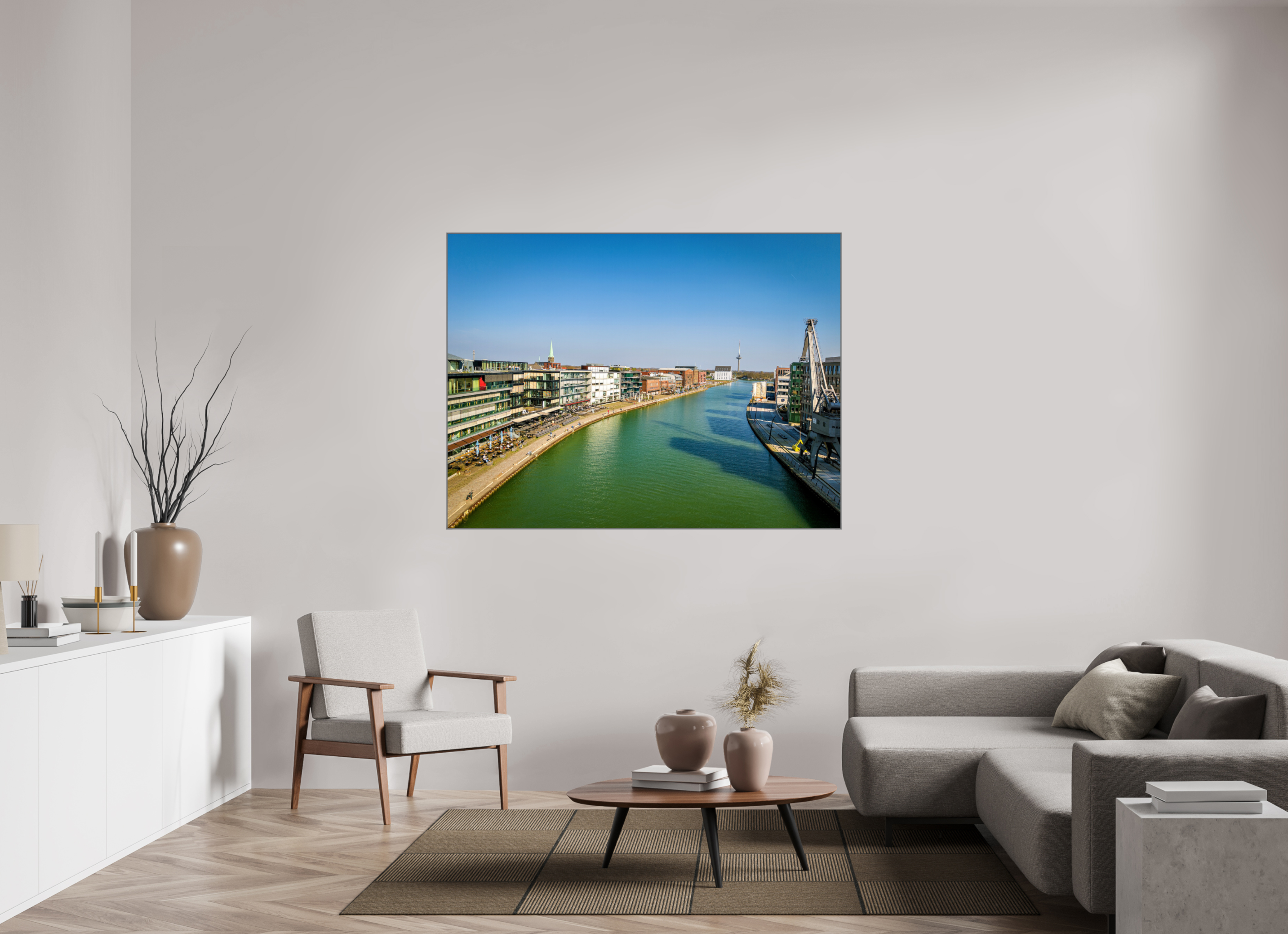 160 x 120 cm, Alurahmen 25mm Münster Hafen – Ruhe zwischen Stahl und Wasser