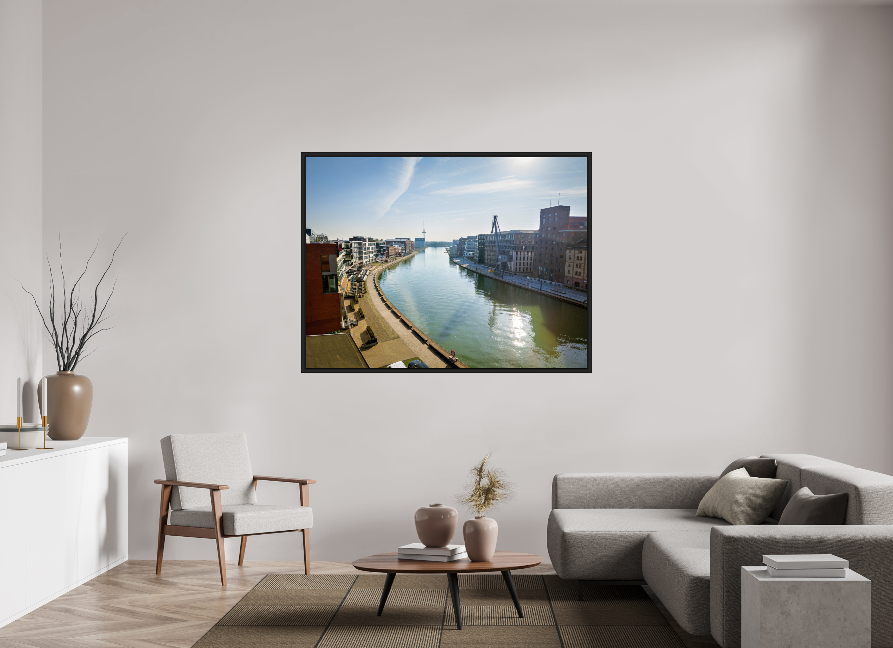 160 x 120 cm, Tokyo 20mm Schattenfuge 4mm Münster Hafen – Ruhe zwischen Stahl und Wasser