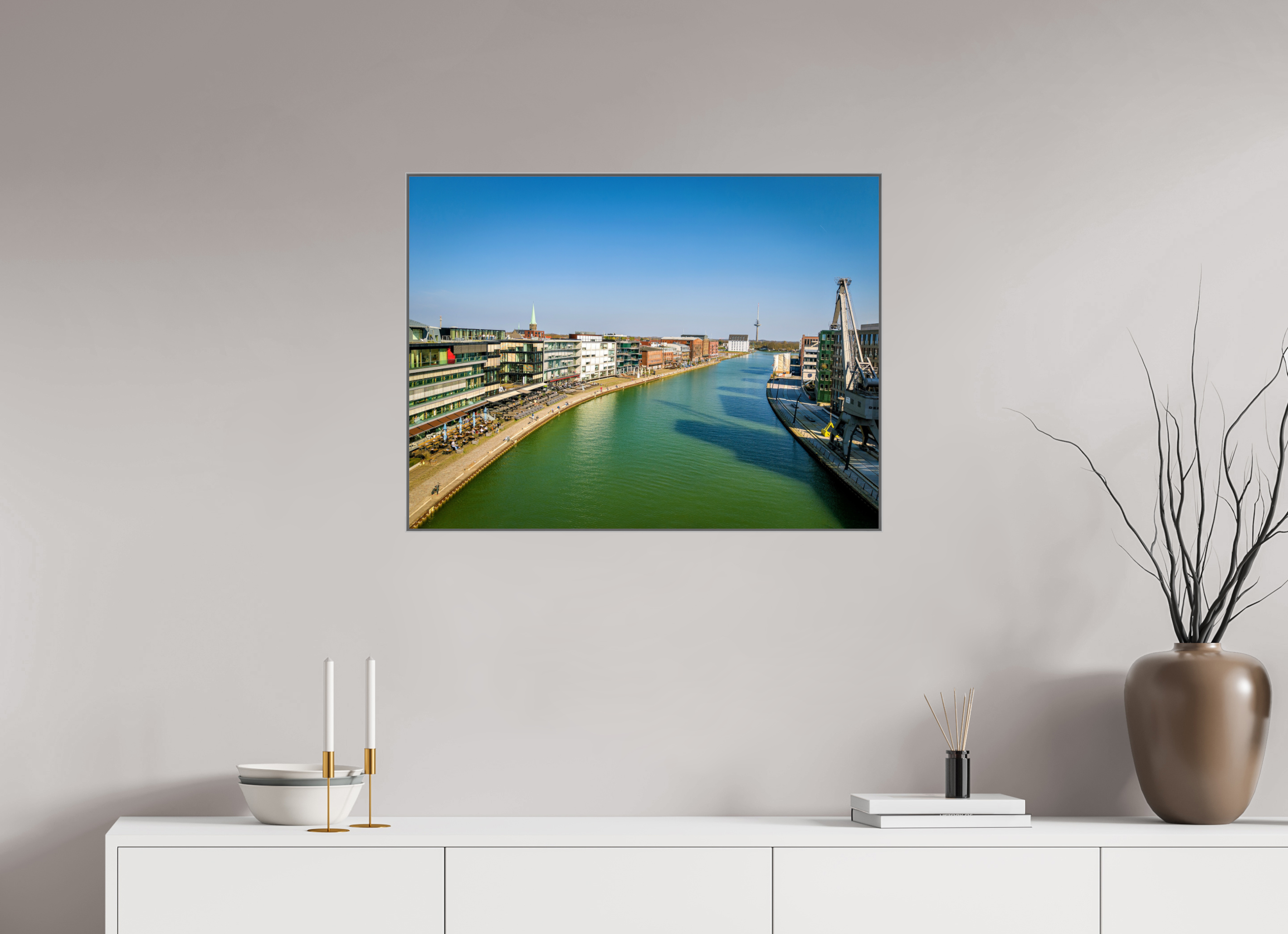 80 x 60 cm, Alurahmen 25mm Münster Hafen – Ruhe zwischen Stahl und Wasser