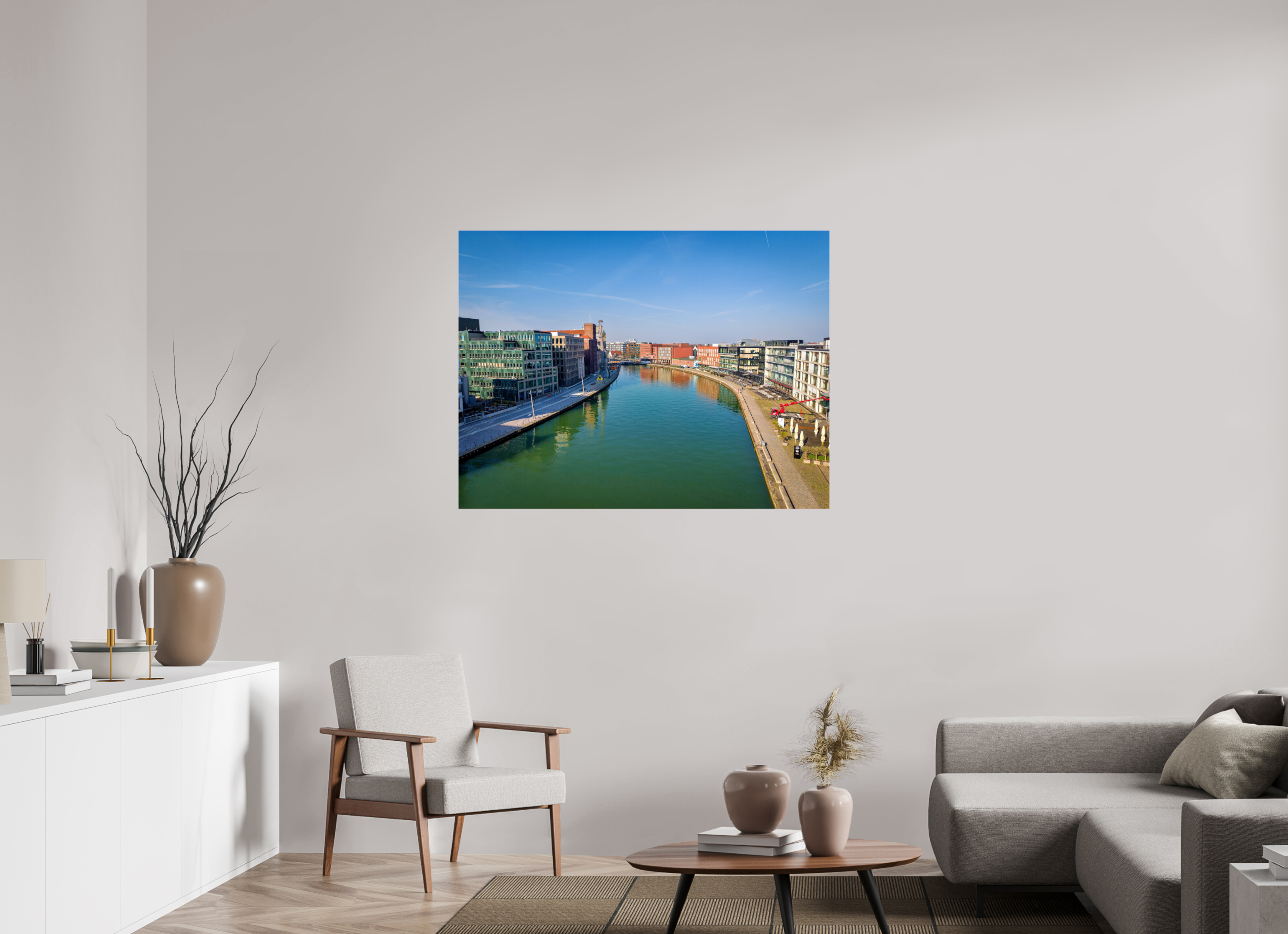 120 x 90 cm, Photo Print Under Acrylic Glass Münster Hafen – Ruhe zwischen Stahl und Wasser