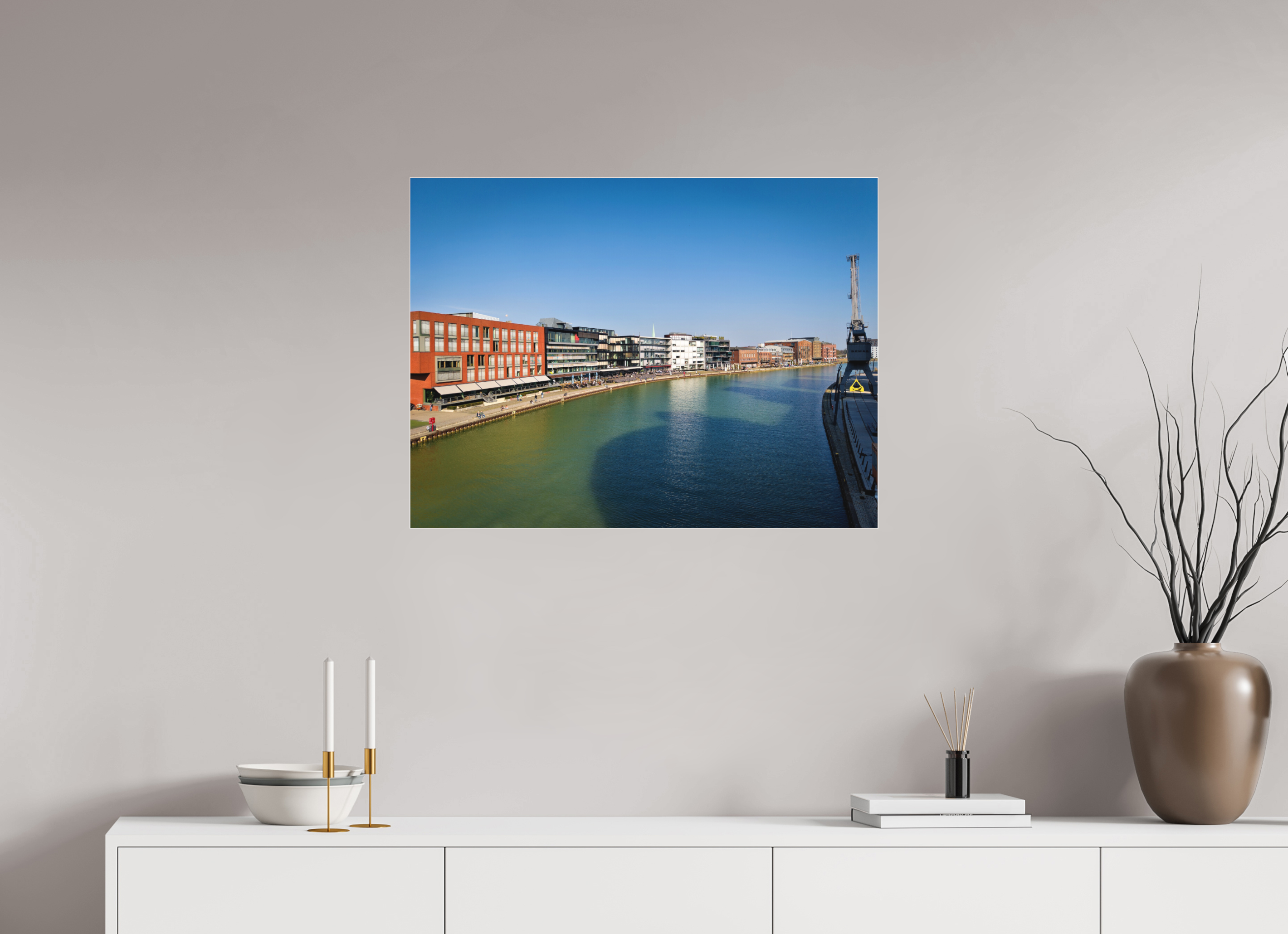 80 x 60 cm, Acrylglas Fine Art Pigmentdruck Münster Hafen – Ruhe zwischen Stahl und Wasser