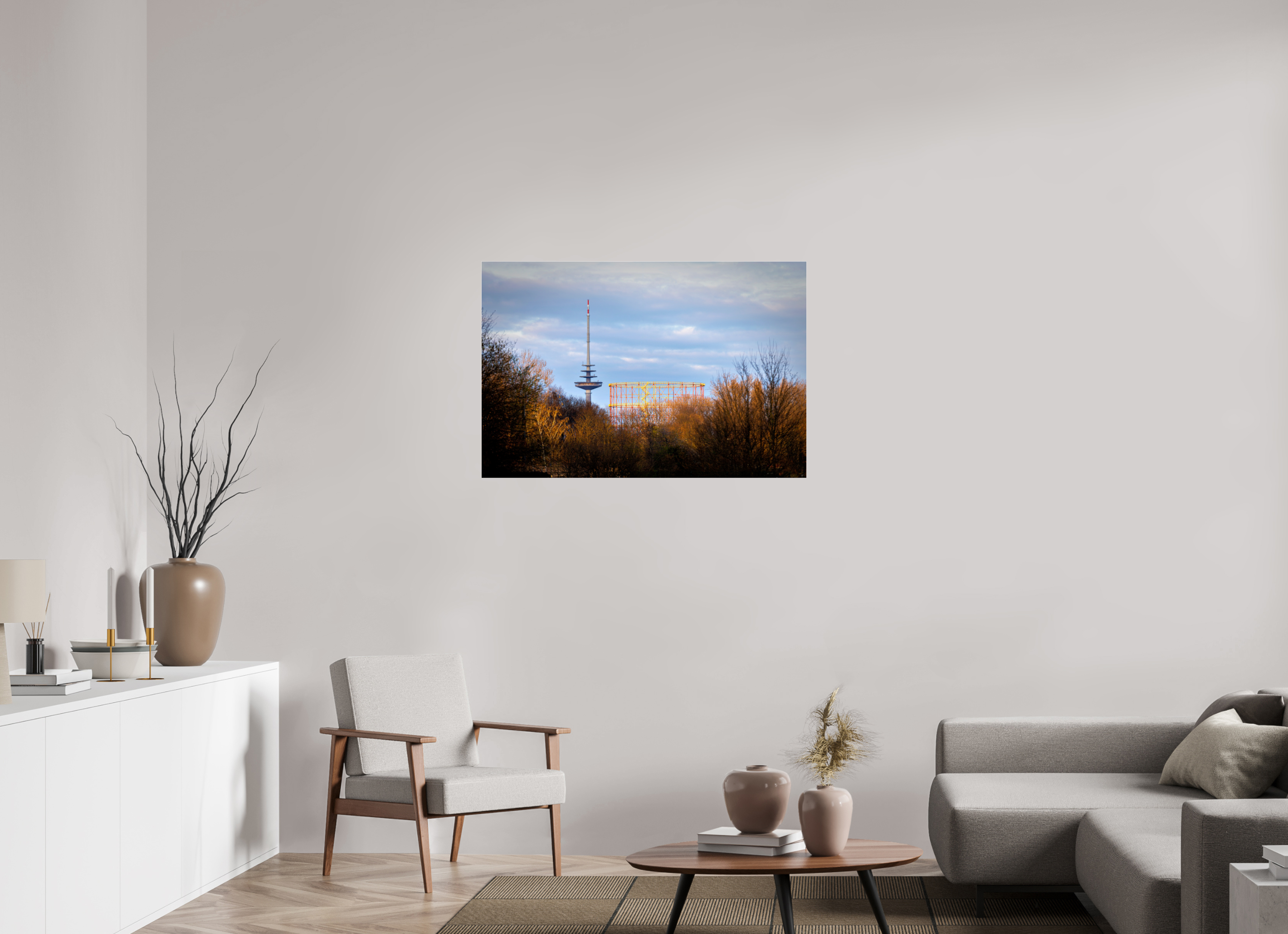105 x 70 cm, Photo Print Under Acrylic Glass Fernsehturm und Gasometer