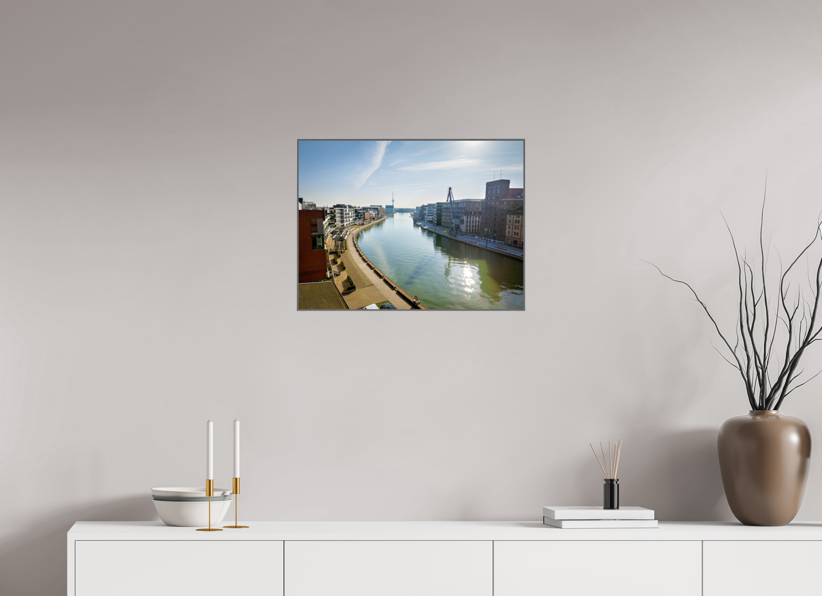 60 x 45 cm, Alurahmen 25mm Münster Hafen – Ruhe zwischen Stahl und Wasser