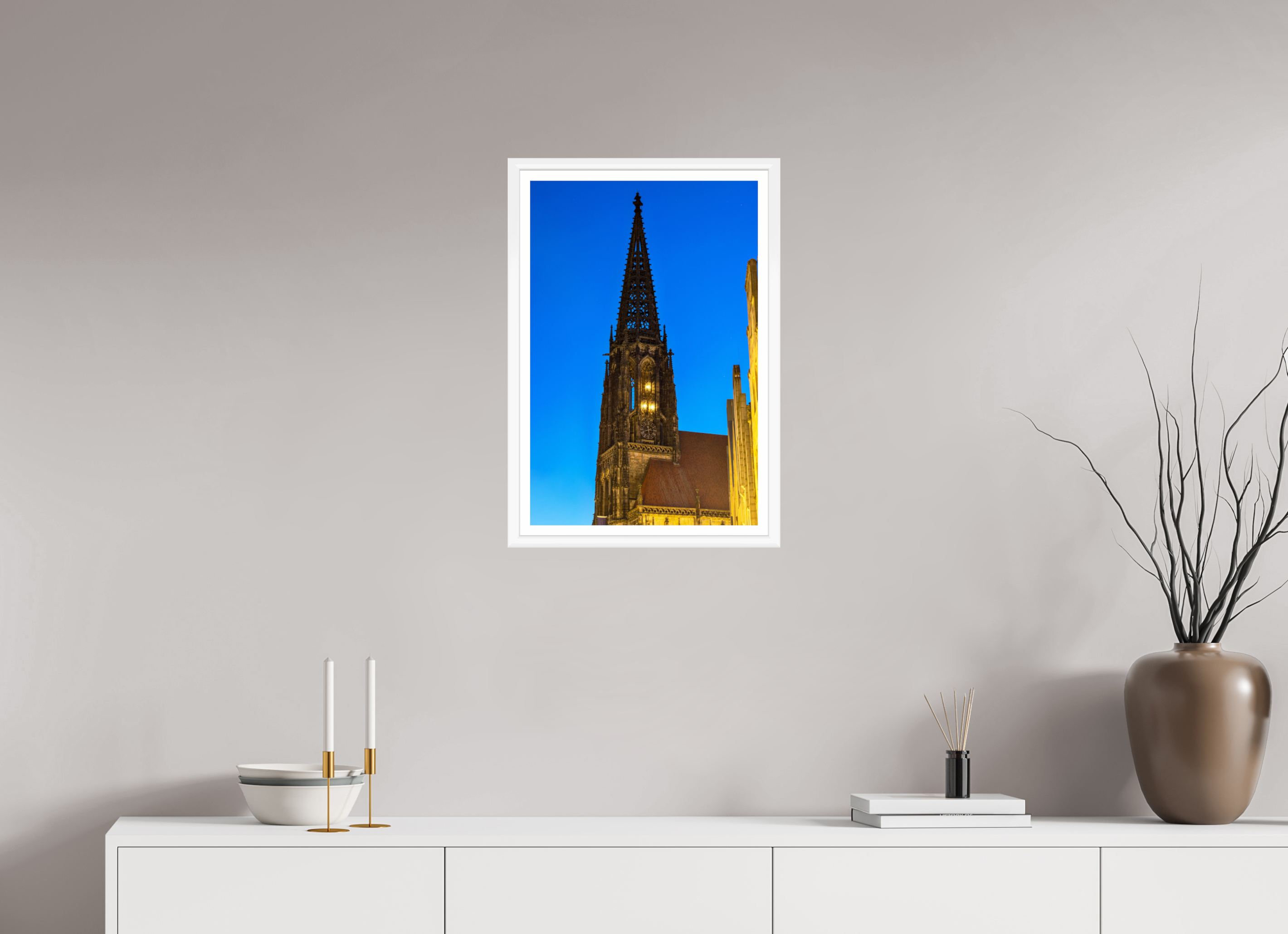 40 x 60 cm, Bern weiß und Rand Lambertikirche bei Nacht