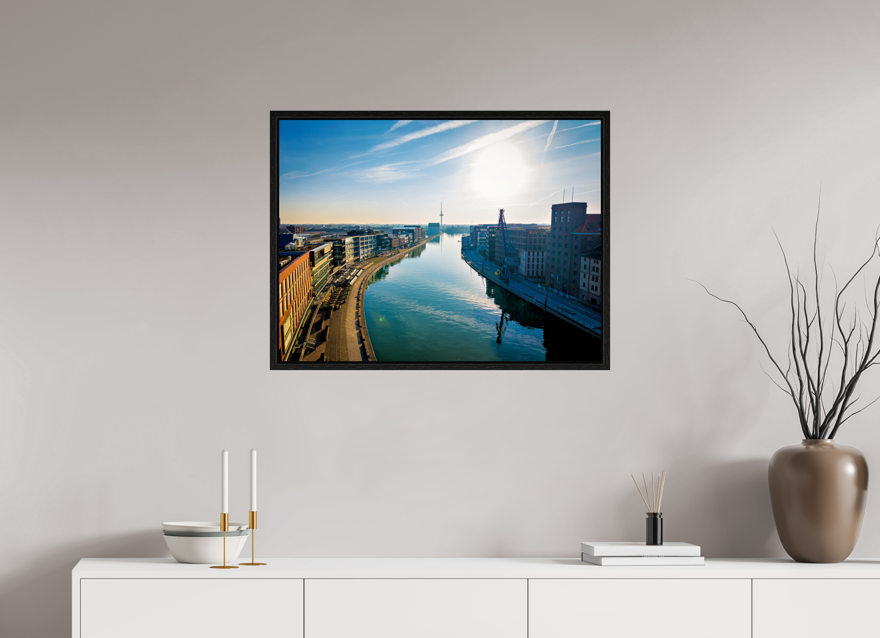 80 x 60 cm, Floater Frame Münster Hafen – Ruhe zwischen Stahl und Wasser