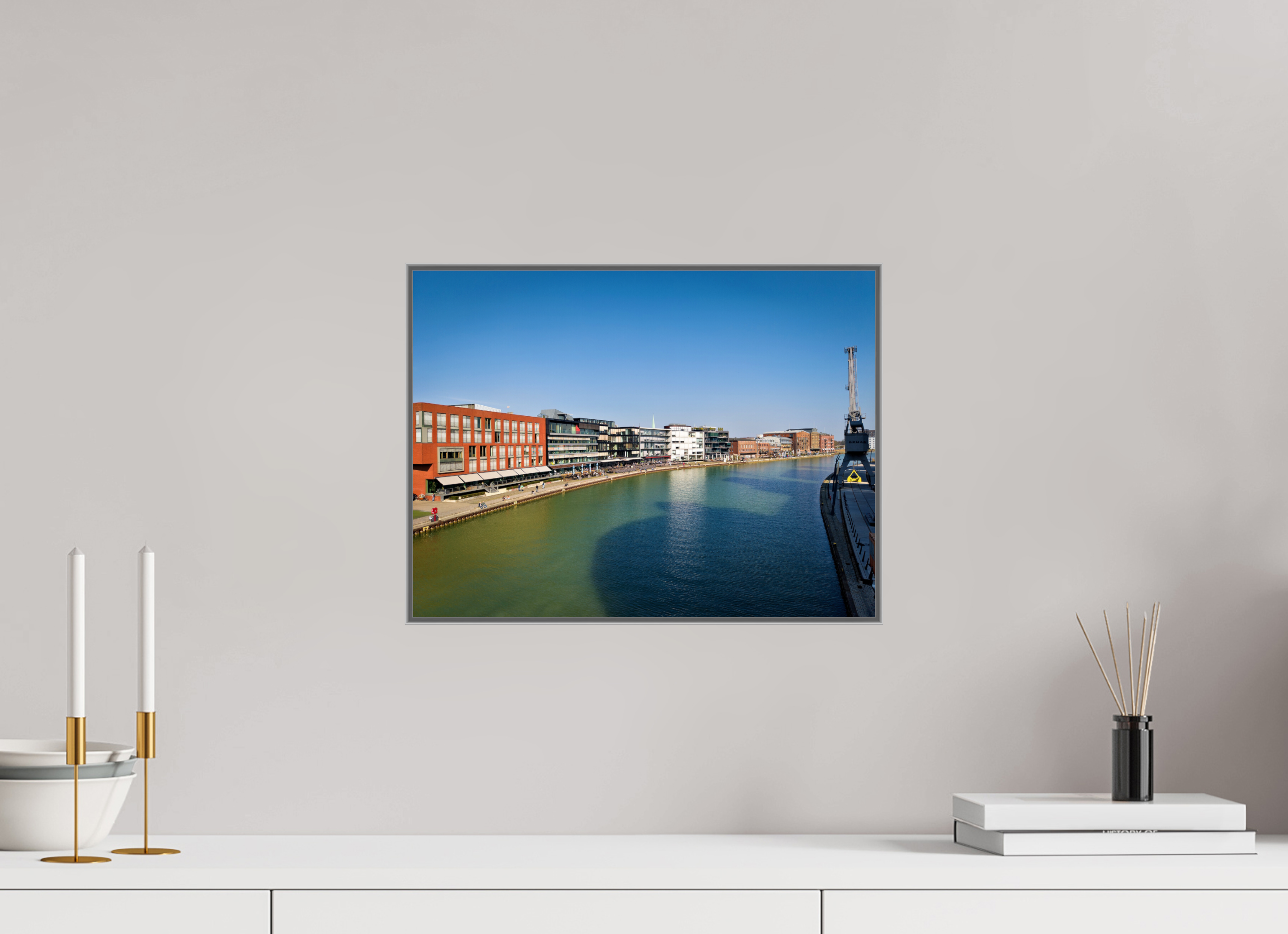 40 x 30 cm, Alurahmen 25mm Münster Hafen – Ruhe zwischen Stahl und Wasser