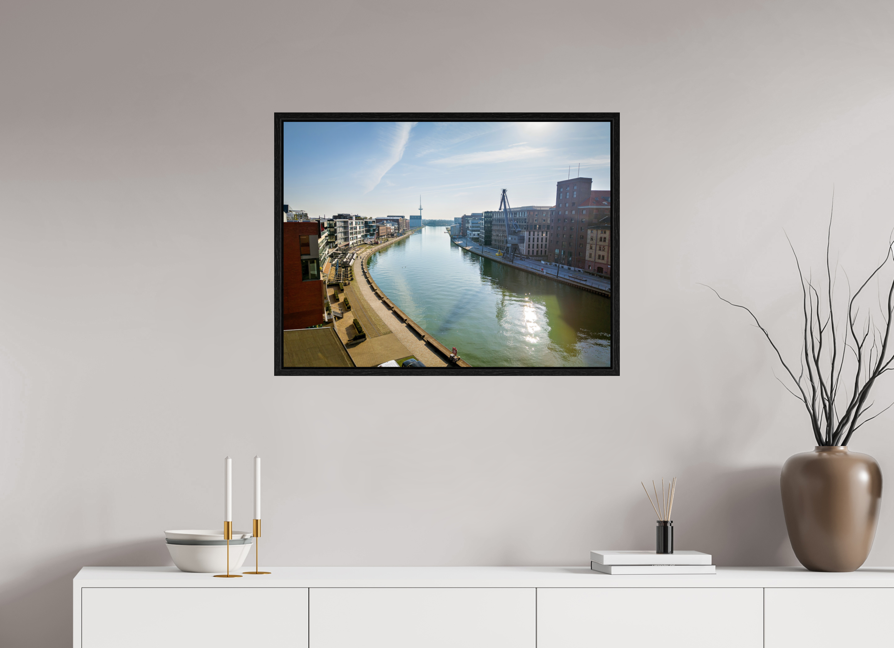 80 x 60 cm, Floater Frame Münster Hafen – Ruhe zwischen Stahl und Wasser