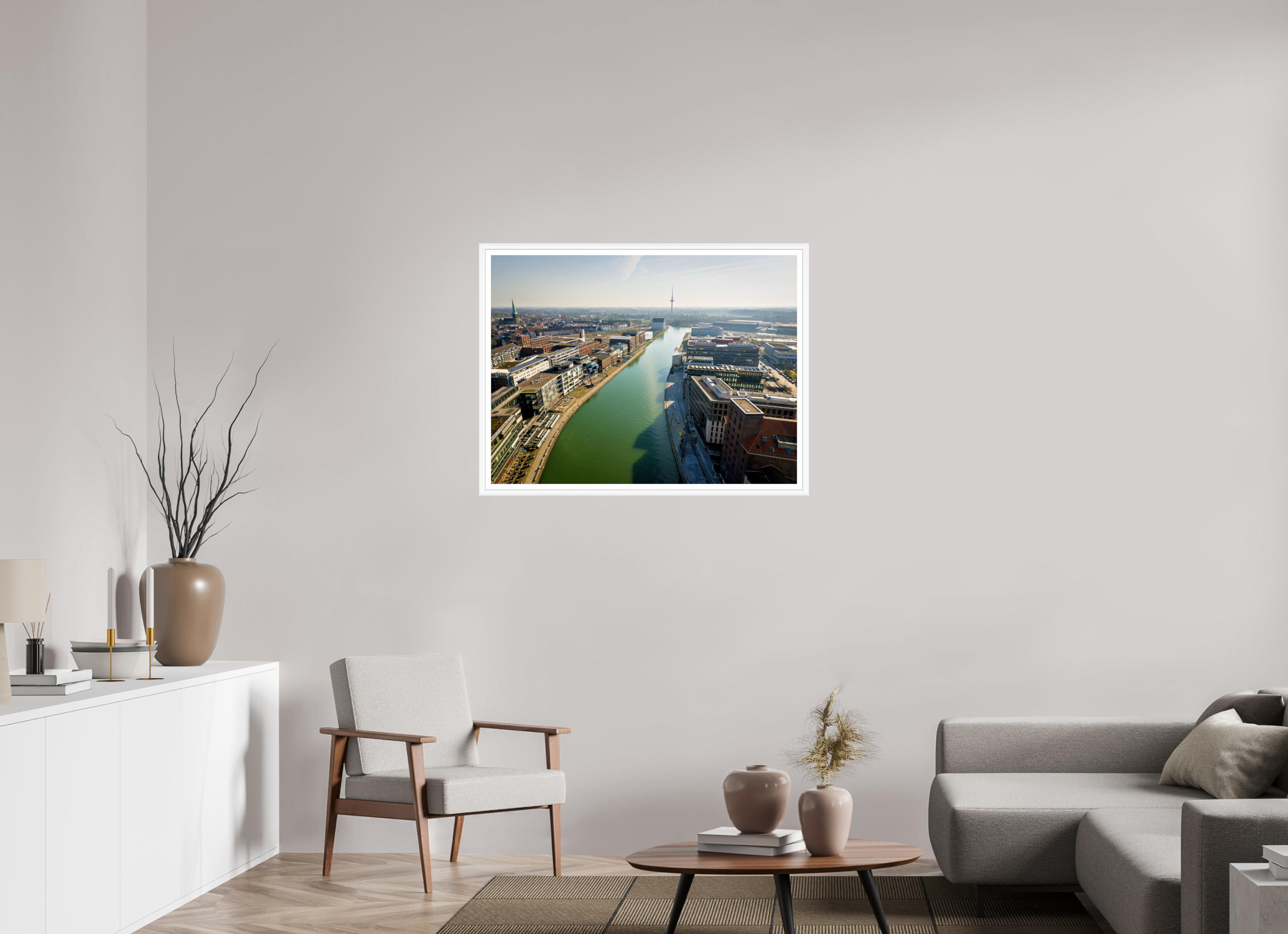 100 x 75 cm, Bern weiß und Rand Münster Hafen – Ruhe zwischen Stahl und Wasser