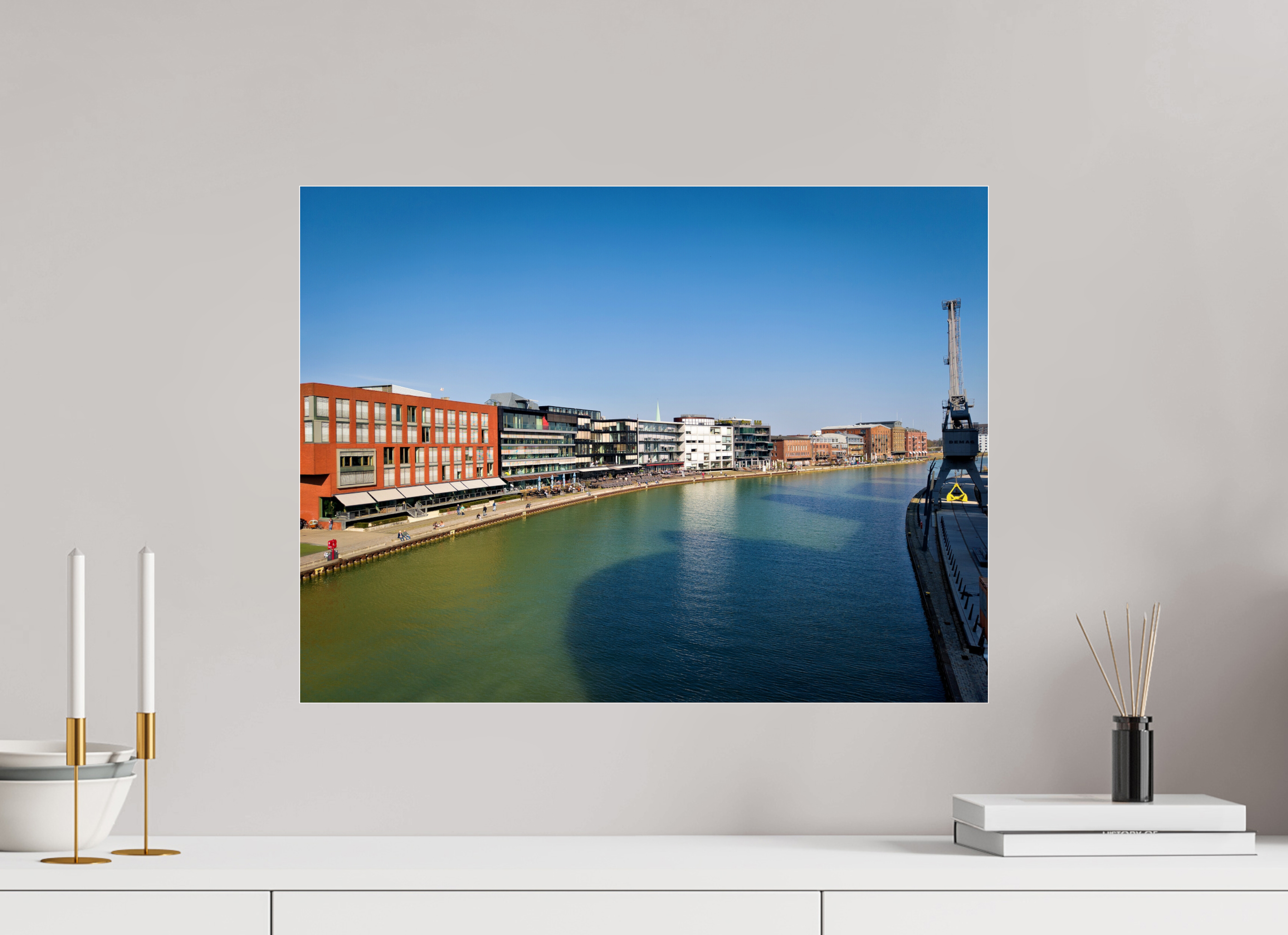 60 x 45 cm, Photo Print Under Acrylic Glass Münster Hafen – Ruhe zwischen Stahl und Wasser
