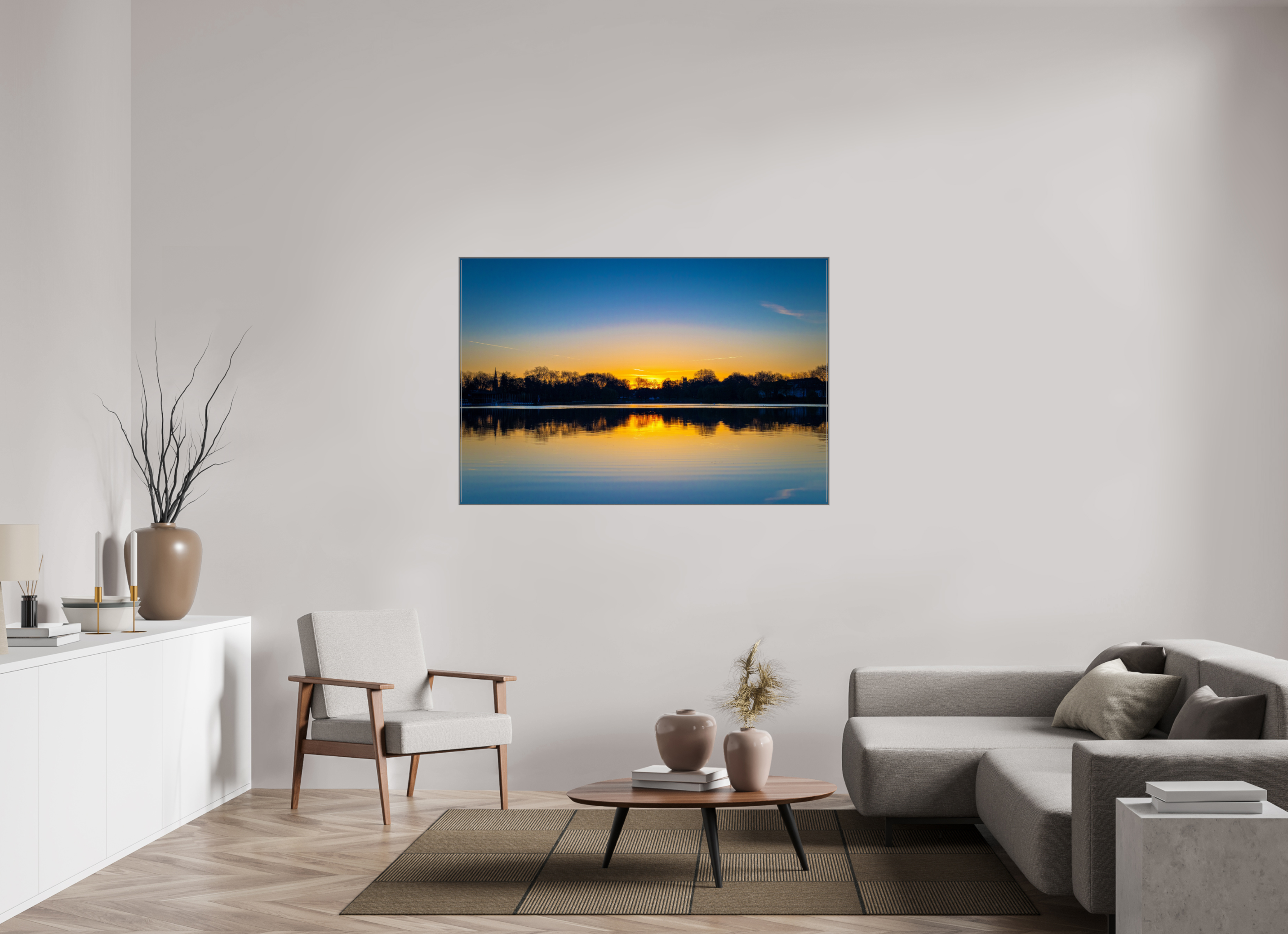 150 x 100 cm, Alurahmen 25mm Der Aasee bei Sonnenaufgang
