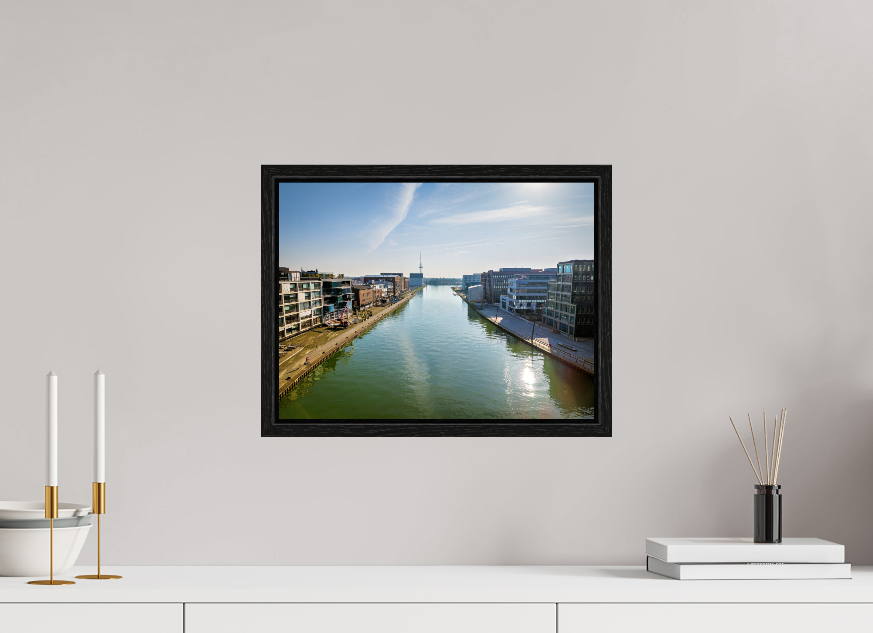 40 x 30 cm, Floater Frame Münster Hafen – Ruhe zwischen Stahl und Wasser