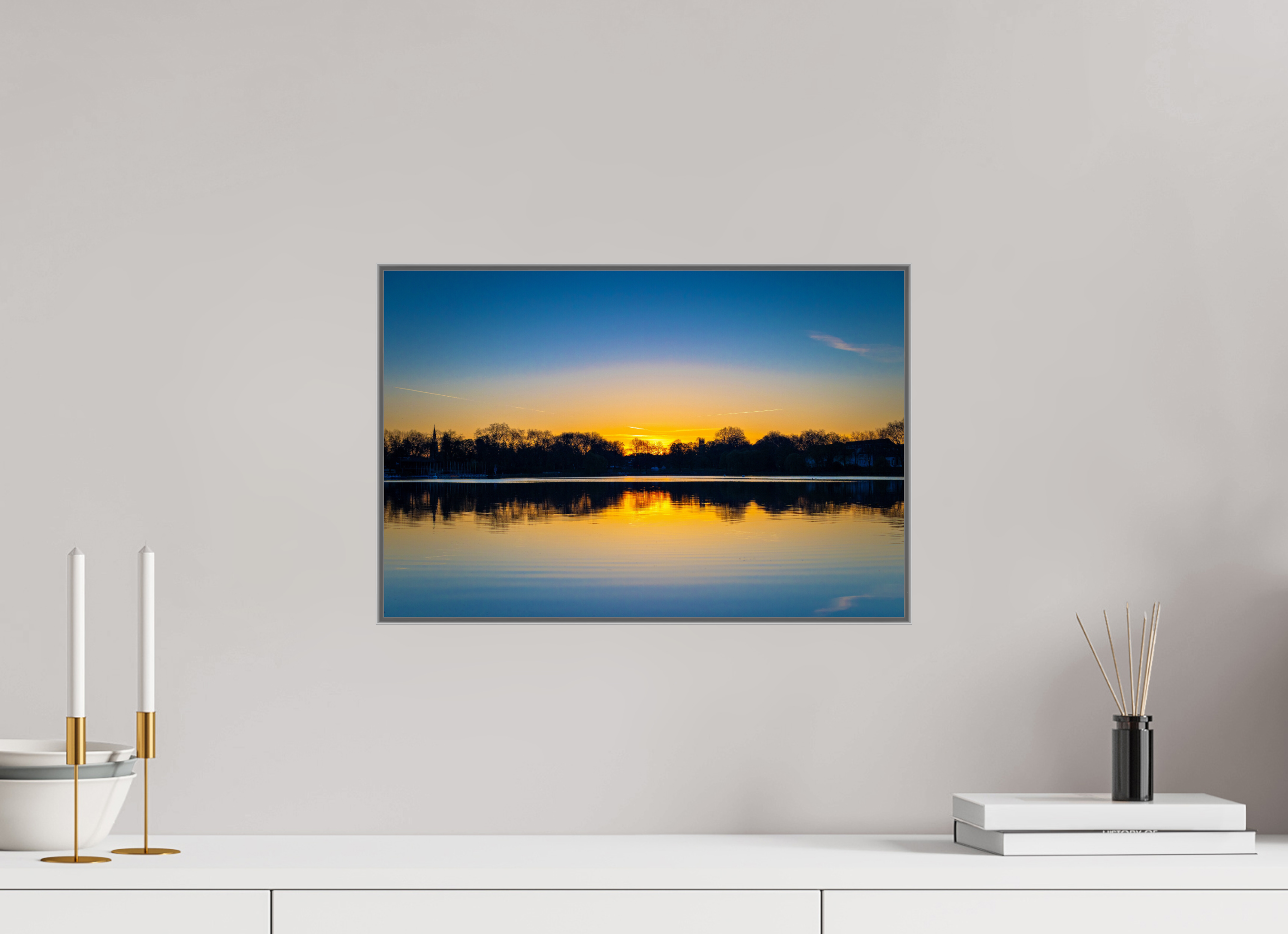 45 x 30 cm, Alurahmen 25mm Der Aasee bei Sonnenaufgang