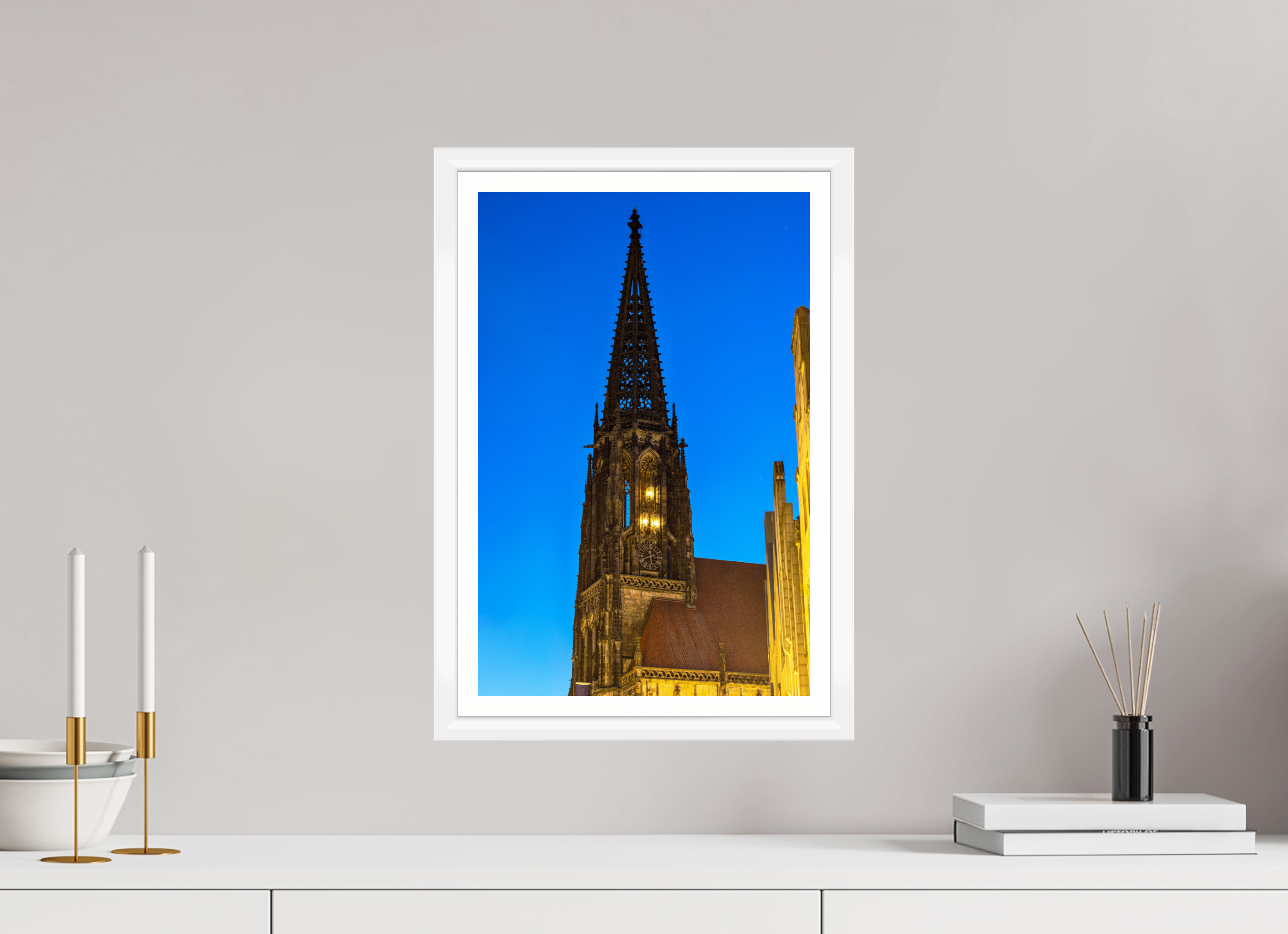 30 x 45 cm, Bern weiß und Rand Lambertikirche bei Nacht