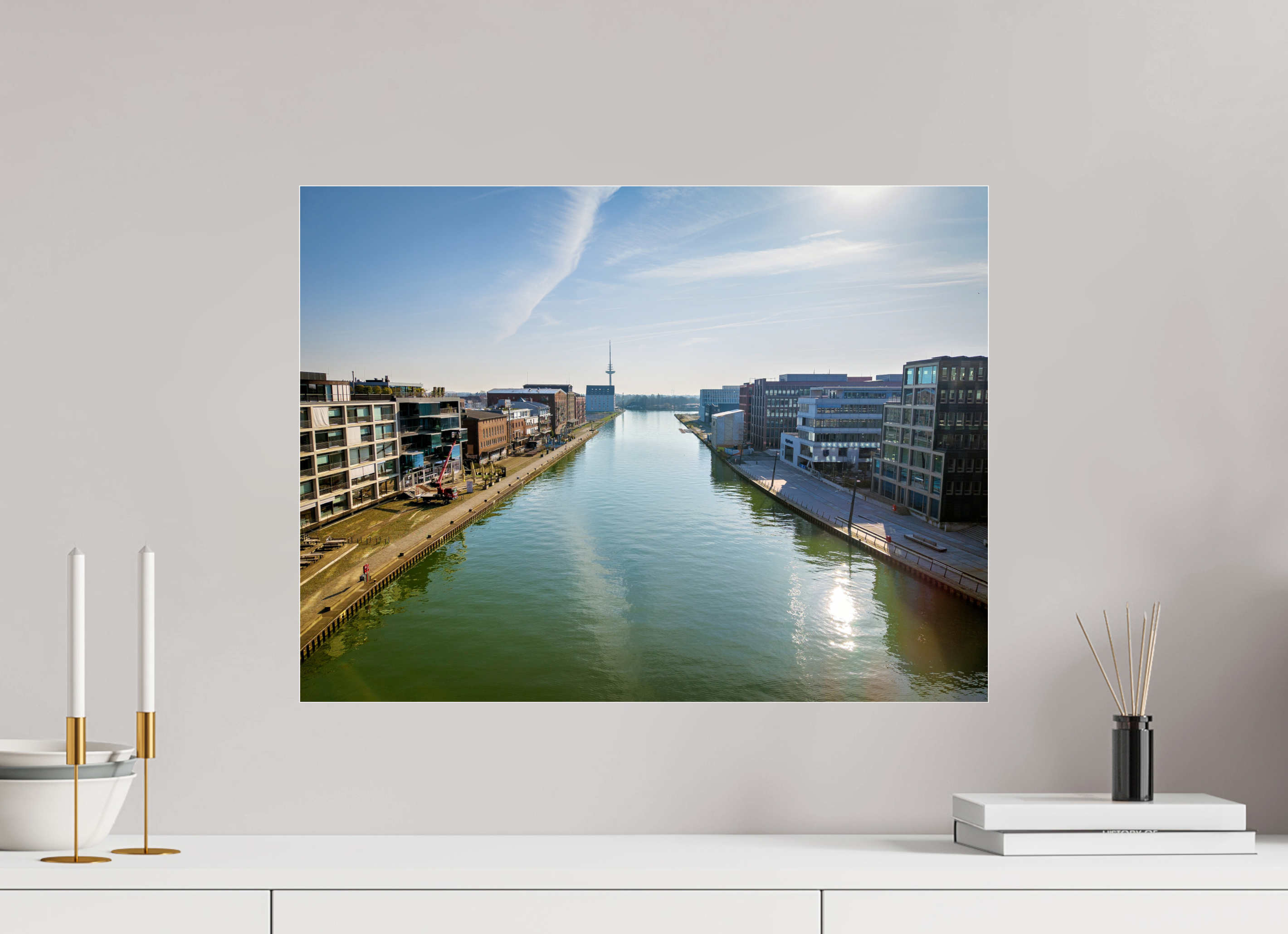 60 x 45 cm, Photo Print Under Acrylic Glass Münster Hafen – Ruhe zwischen Stahl und Wasser