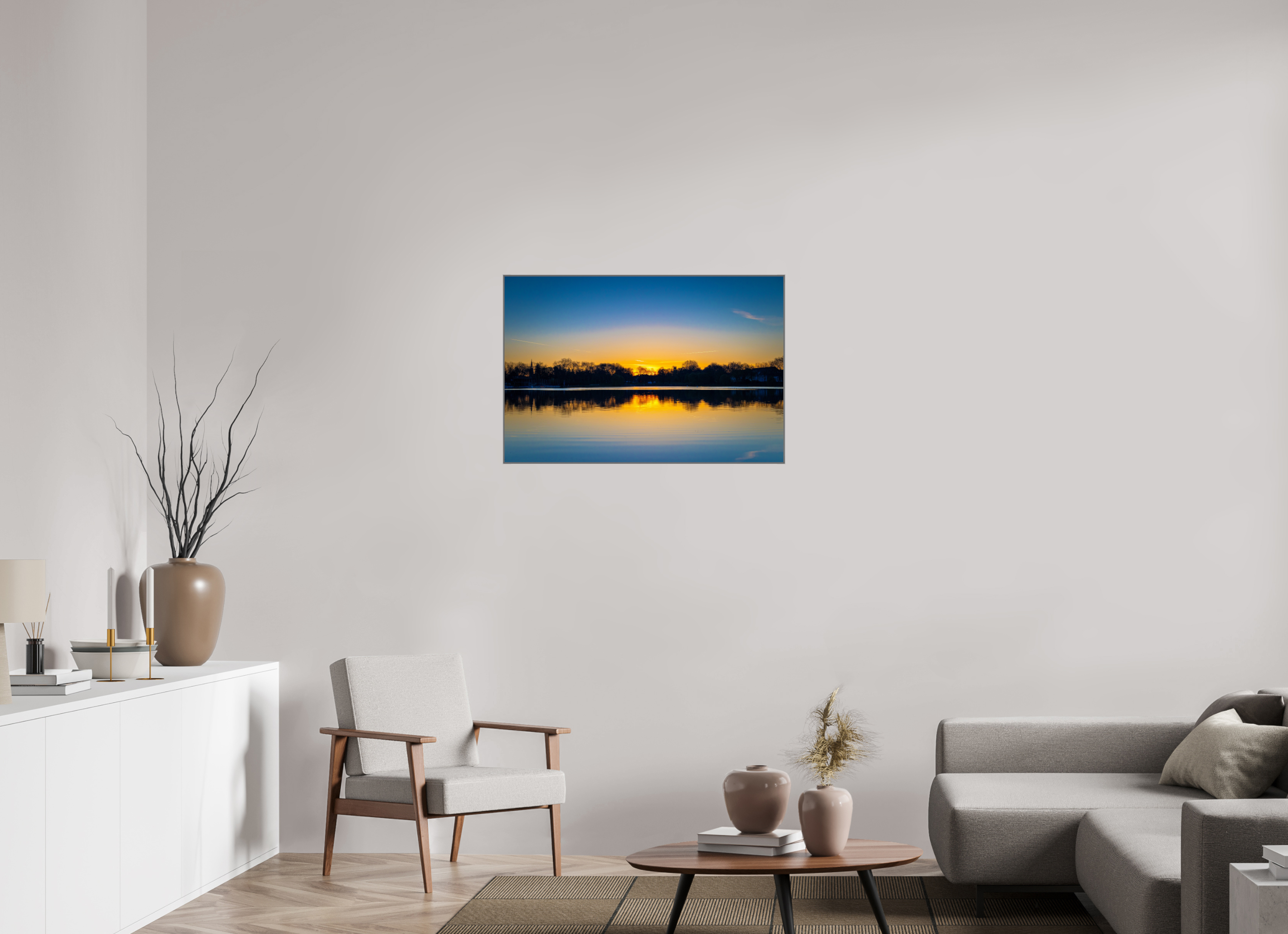 90 x 60 cm, Alurahmen 25mm Der Aasee bei Sonnenaufgang