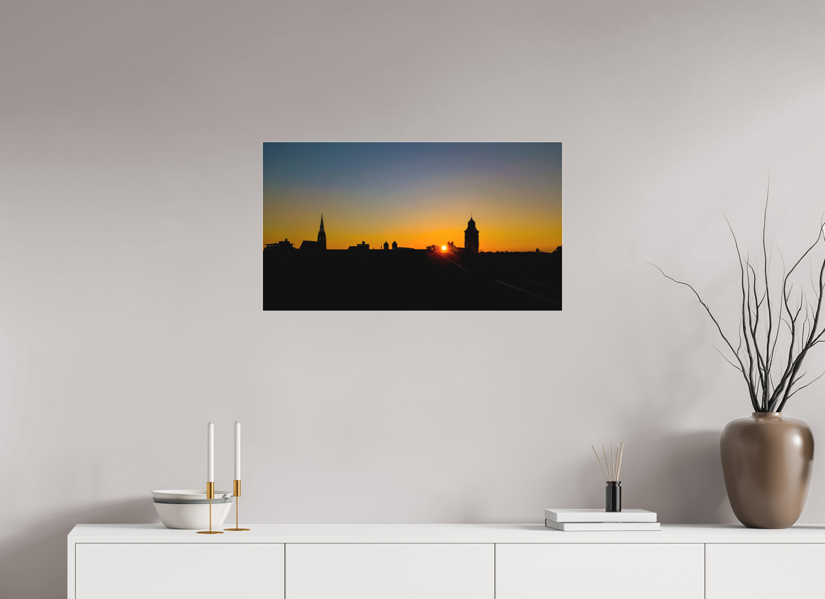 80 x 45 cm, Acrylglas Fine Art Pigmentdruck Skyline / Sonnenuntergang